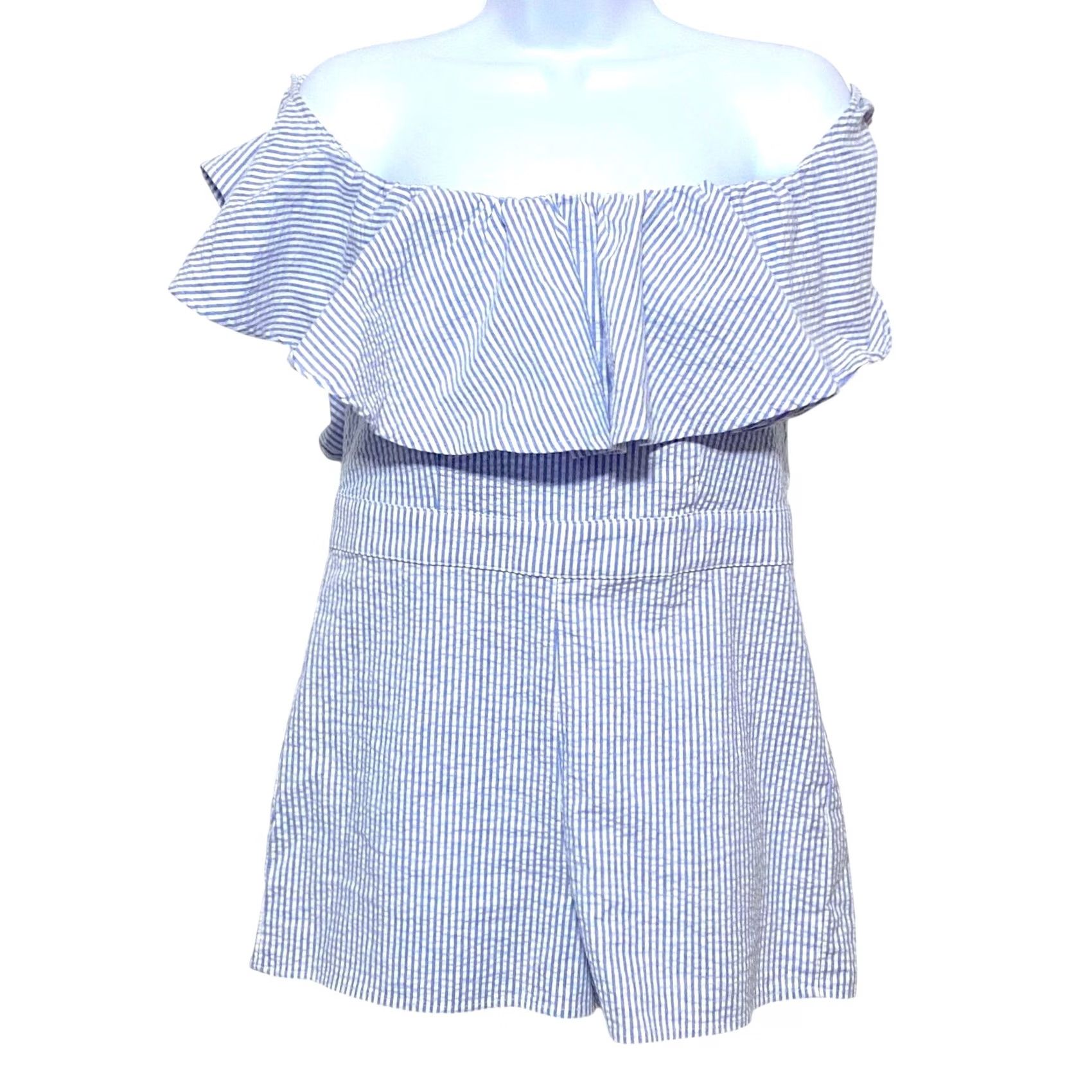 Vintage Blue Life Blue White Striped Ruffle Romper Womens L Beachy Vacation Summer Cruise Nautical Striped Romper Womens L Girls Mens Size 36" / US 14 / IT 50 - 2 Thumbnail