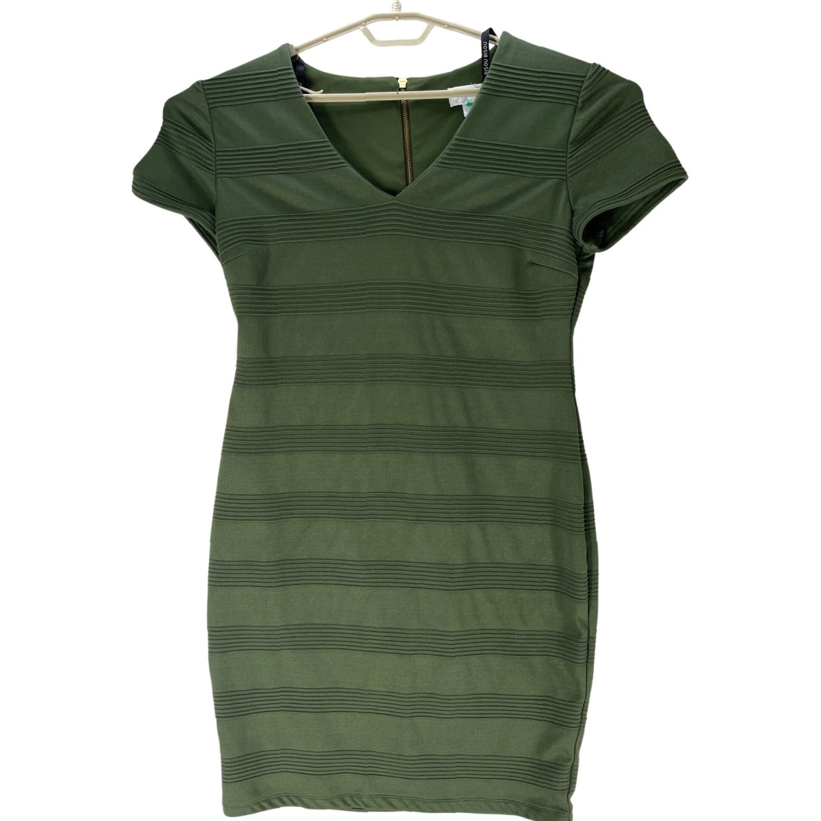 Vintage Bisou Bisou Bodycon Dress Women 14 Short Sleeve Olive Green V-Neck Party Cocktail Size 36" / US 14 / IT 50 - 2 Thumbnail