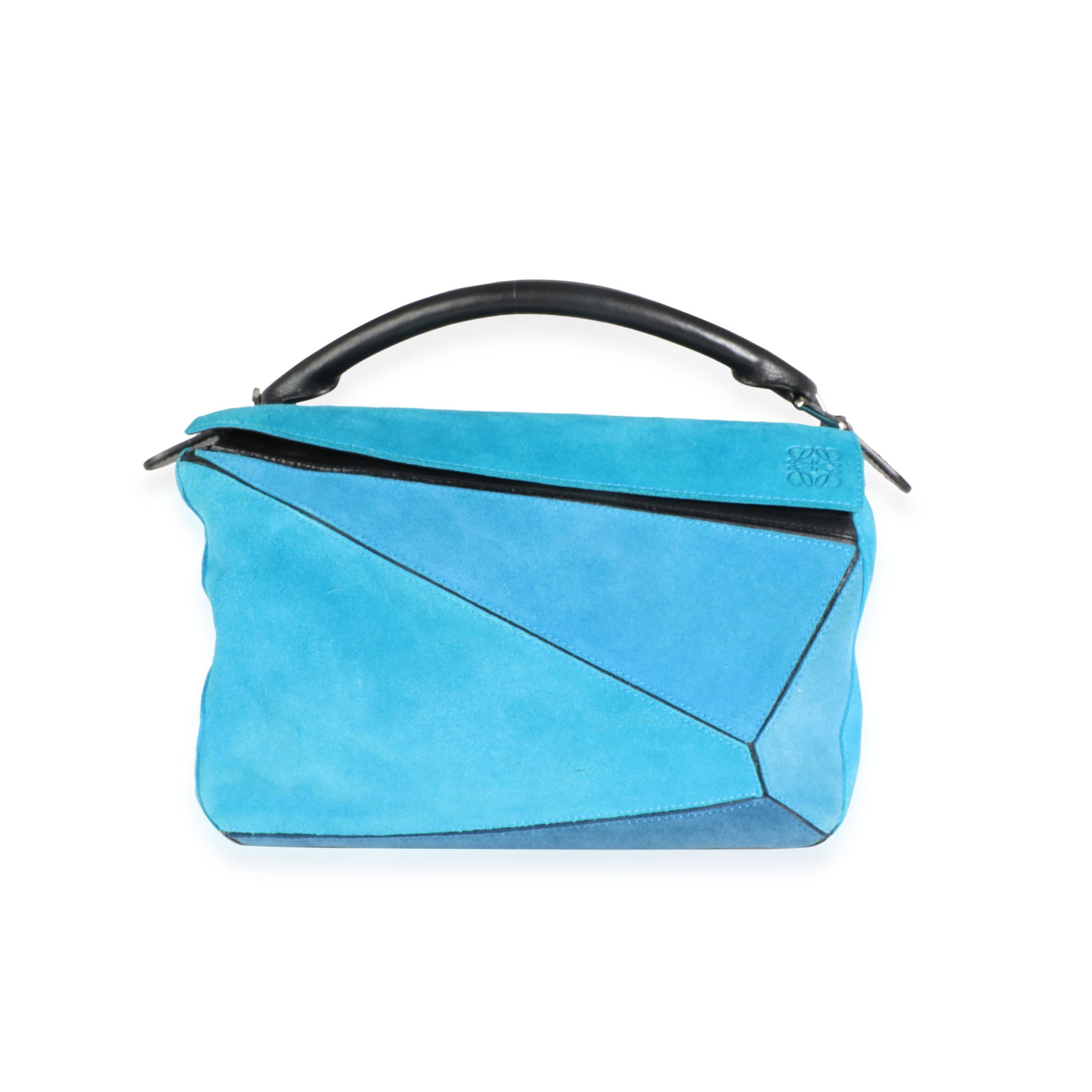 image of Loewe Tri-Tone Blue Suede & Black Leather Medium Puzzle Bag, Women's