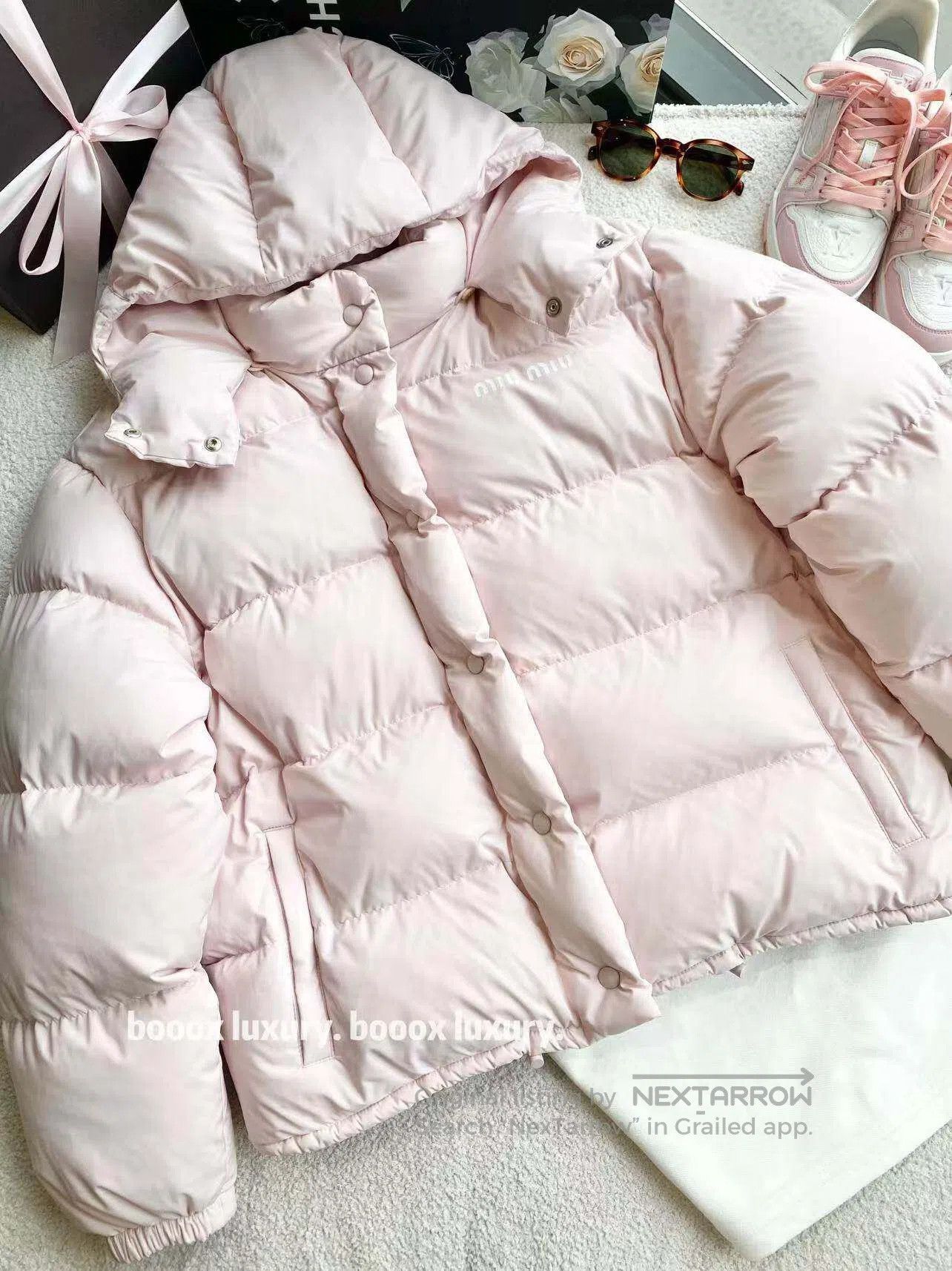 Miu Miu Miu Miu White logo pale pink down jacket| Size XS / US 0-2 / IT 36-38 - 1 Thumbnail