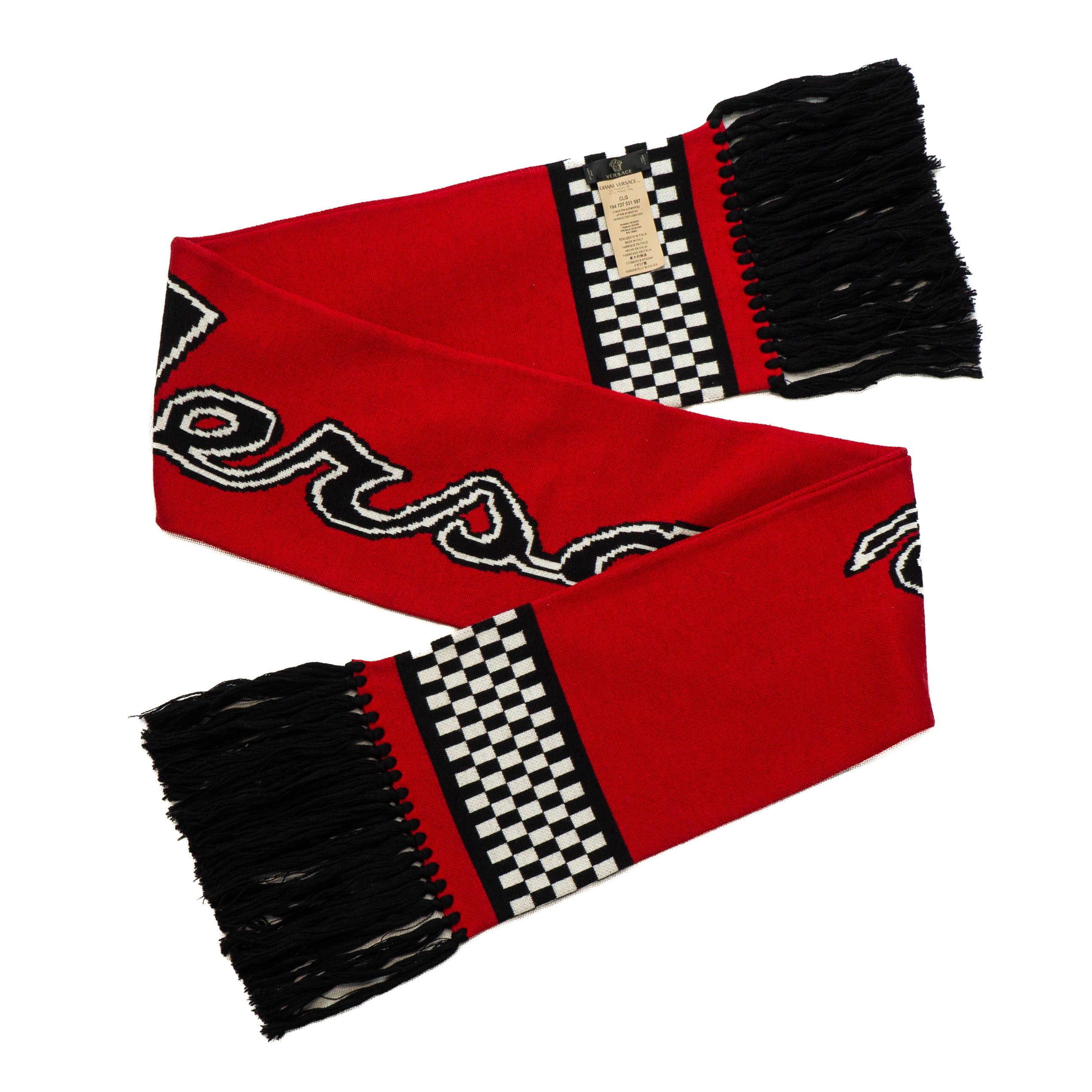 Versace VERSACE Multicolor Logo Embroidered Wool Knit Fringed Scarf Size ONE SIZE - 2 Thumbnail