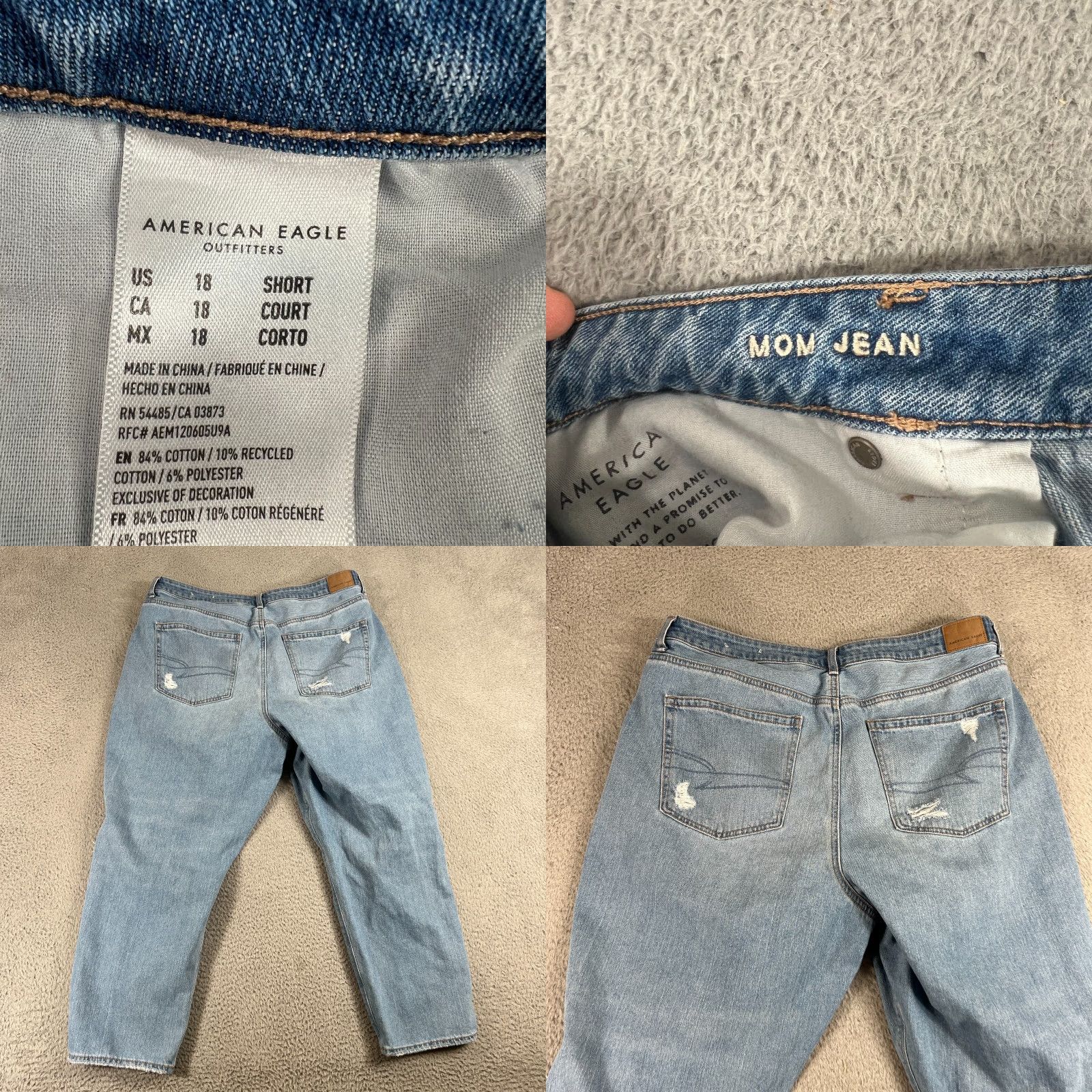 Vintage American Eagle Jeans Womens 18 Short Blue Curvy Mom Jean Stretch Distressed Size 40" / US 18 - 8 Thumbnail