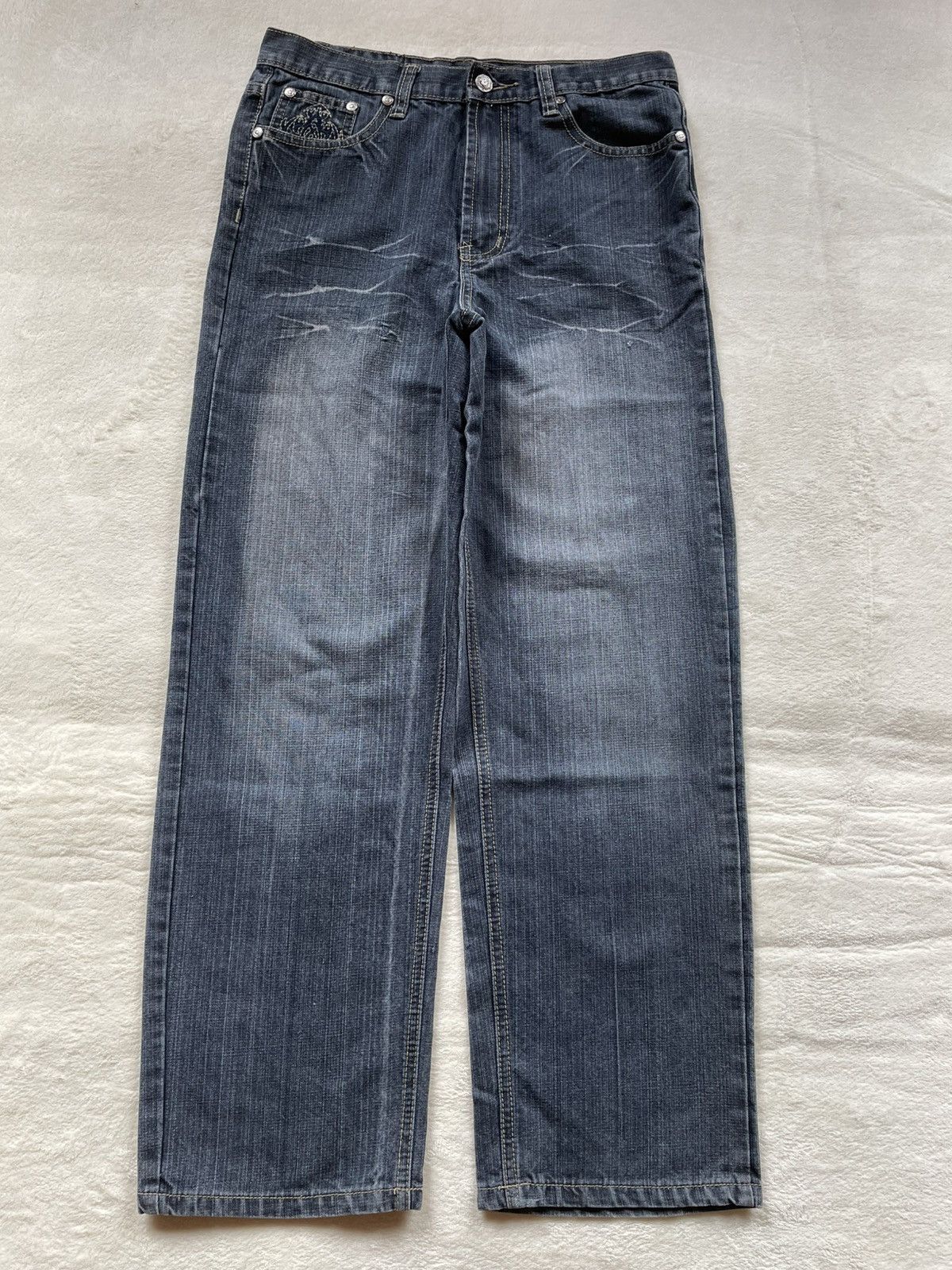 Japanese Brand Vintage Oldsrool Faded Baggy Dark Blue Jeans Size US 30 / EU 46 - 1 Thumbnail