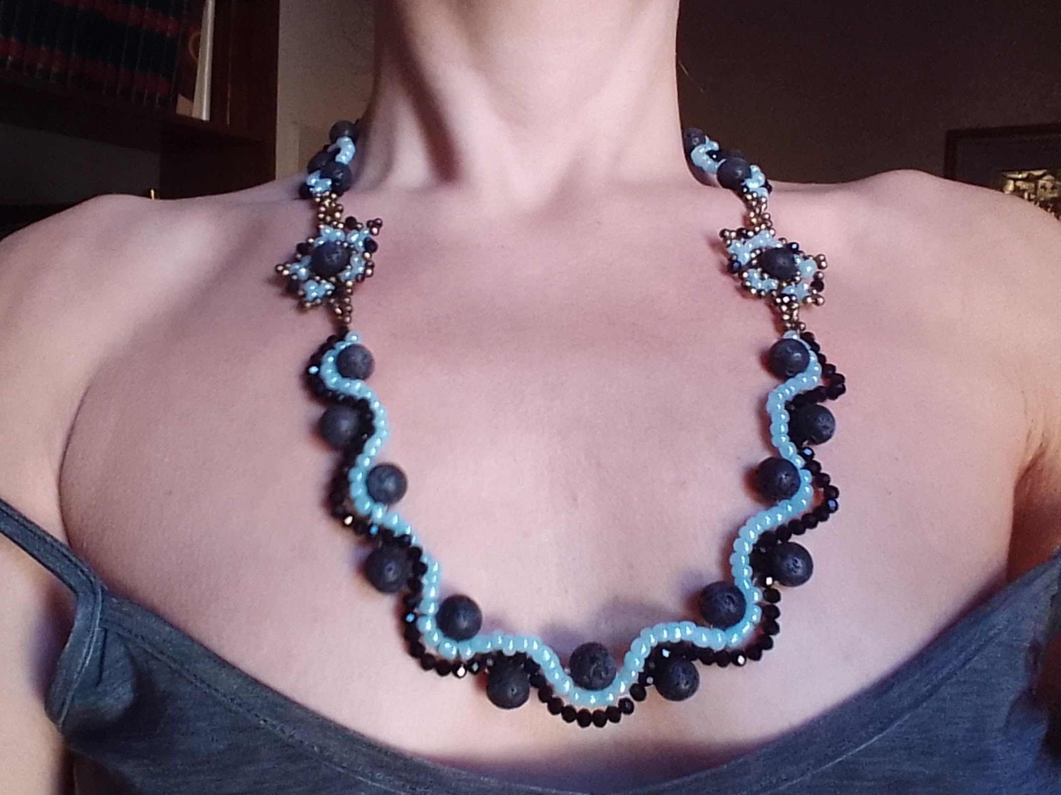 Handmade Necklace Long Black Blue Lava Stone Wavy Earrings Size ONE SIZE - 2 Thumbnail