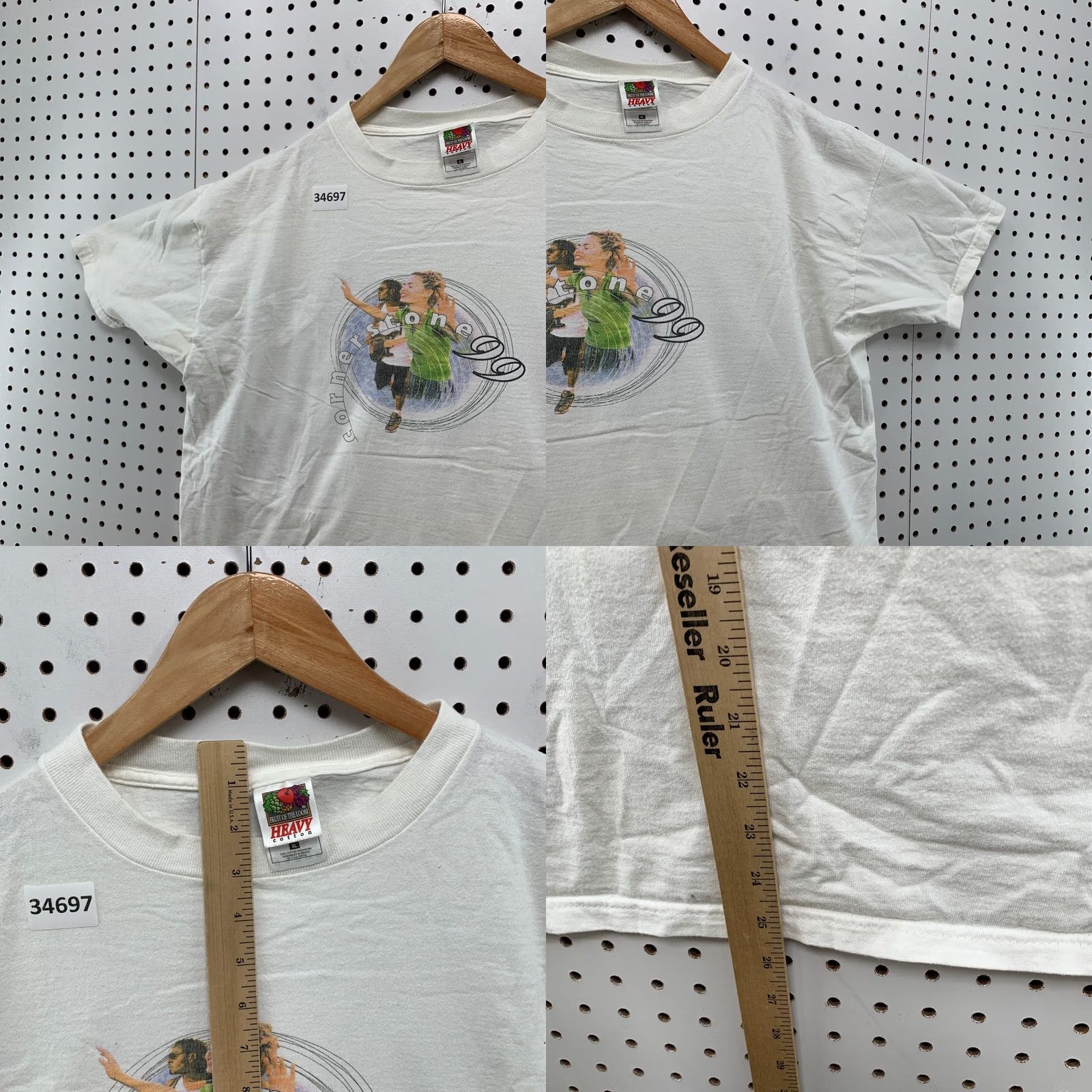 Fruit Of The Loom VINTAGE Cornerstone Shirt XL White Music Band 90s Short Sleeve 22.5x25.5 Mens Size US XL / EU 56 / 4 - 8 Thumbnail