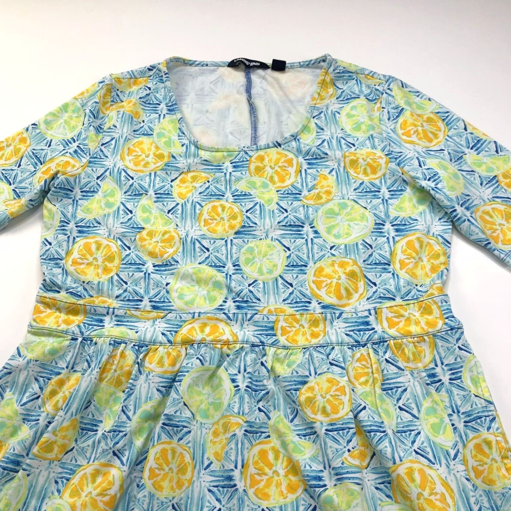 Lands' End Lands' End Large Women's Fit & Flare Dress Lemons Blue Yellow Sleeveless Pullover Scoop Neck Casual Knee Length Multicolor Pattern Size L / US 10 / IT 46 - 6 Thumbnail