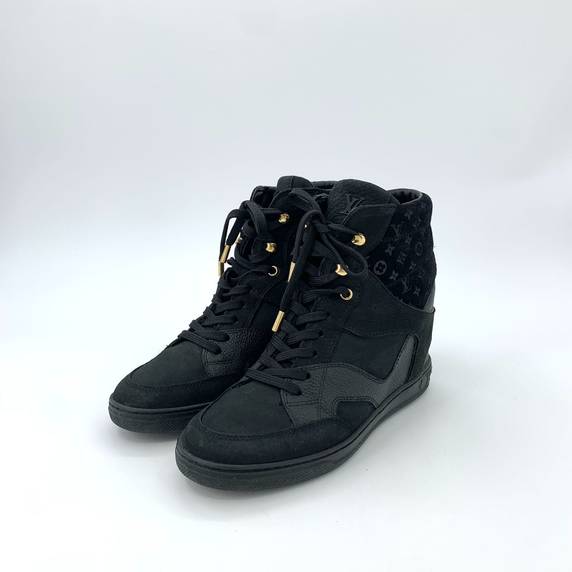 Louis Vuitton Black Leather Suede High Top Sneakers With M