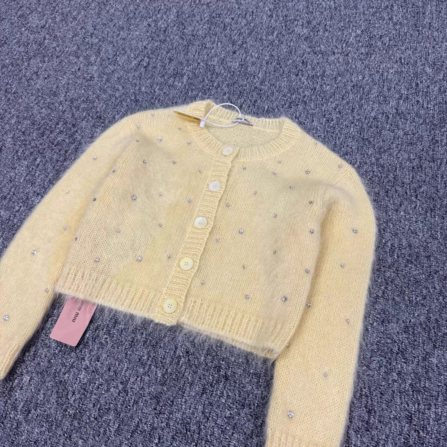Miu Miu MIU MIU Mohair Cardigan Egg Yellow Rhinestones 38 NWT Size XS / US 0-2 / IT 36-38 - 3 Thumbnail
