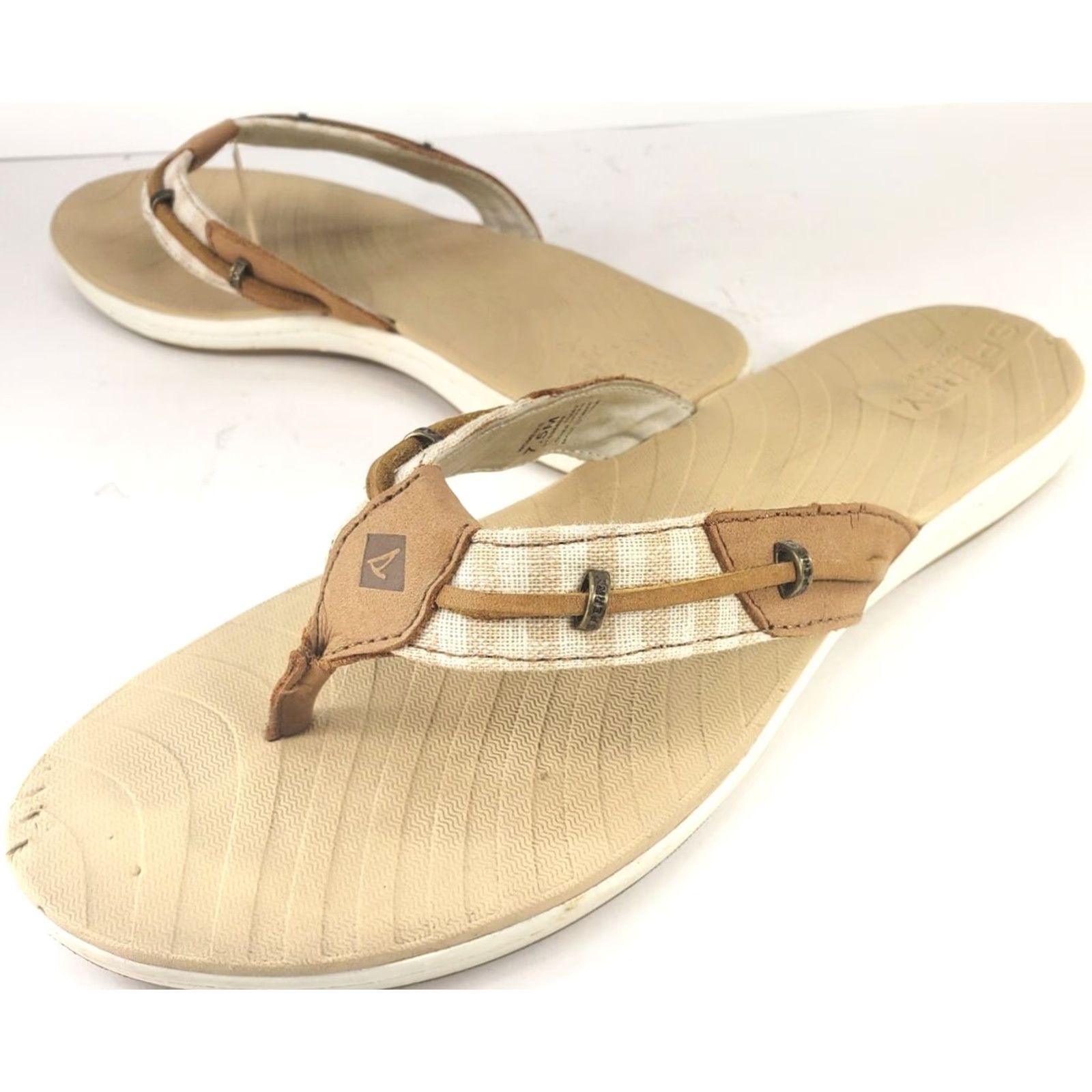 Sperry Sperry Seafish Sandal Women 7.5M Tan White Striped Canvas Leather Slip-On Flat Size US 8 / IT 38 - 2 Thumbnail