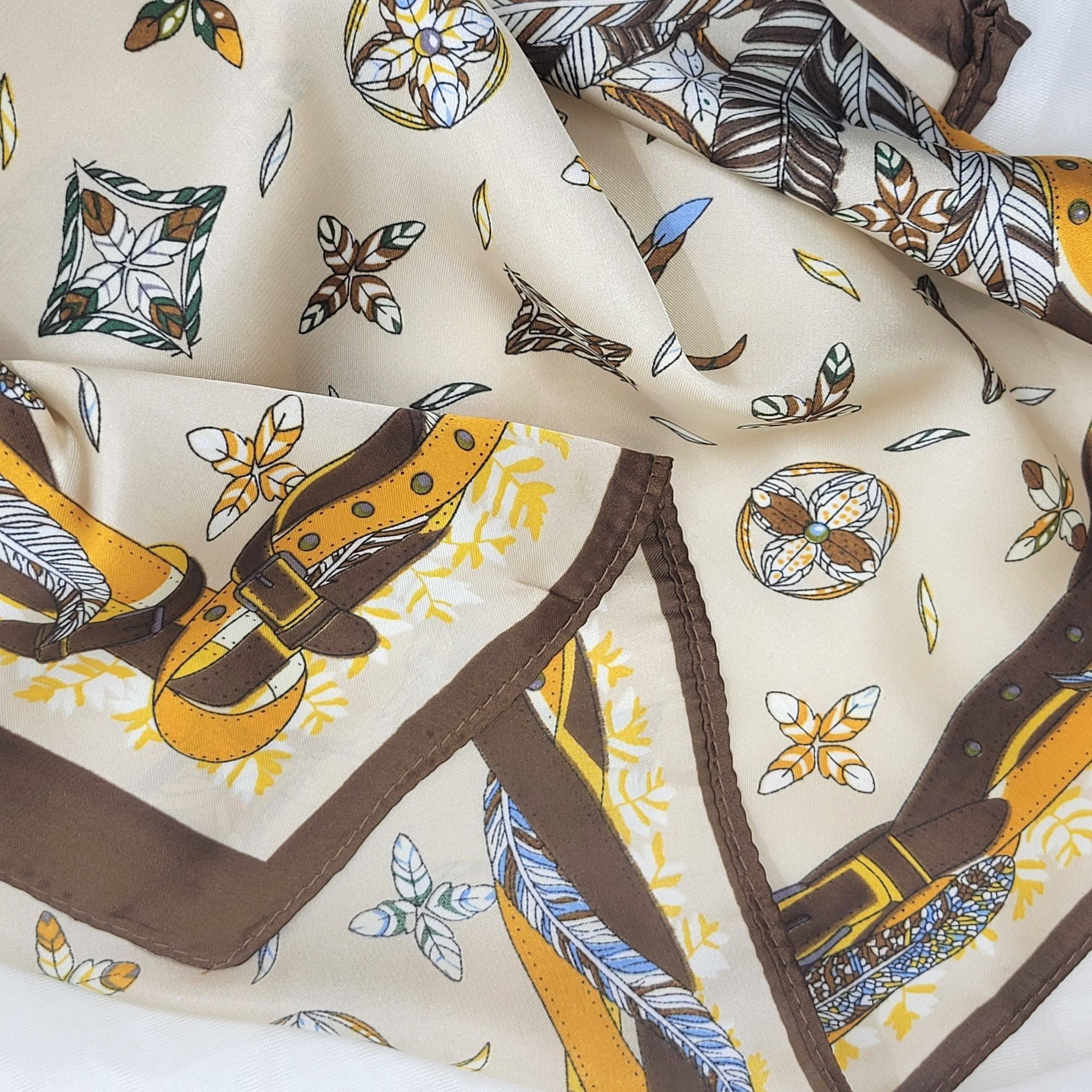 Other New Elegant Bandana Feathers Beige Brown Scarf Classic Wrap Size ONE SIZE - 4 Thumbnail