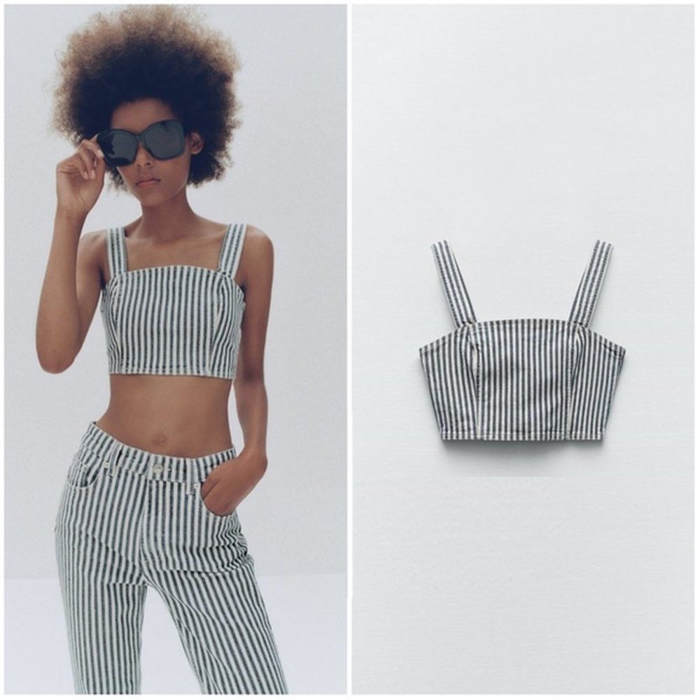 Zara NWT New Zara Striped Denim Crop Top Size S Size S / US 4 / IT 40 - 1 Thumbnail