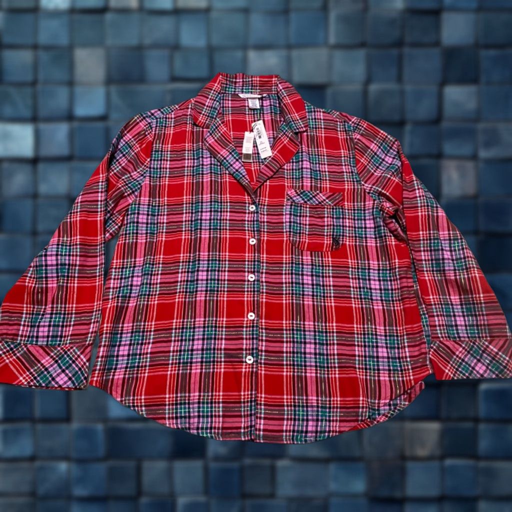 Victoria's Secret Victoria’s Secret Womens Pajama Top Shirt S Multicolor Plaid Flannel Cotton Blend Long Sleeve Collared Button NWT New Size S / US 4 / IT 40 - 1 Thumbnail