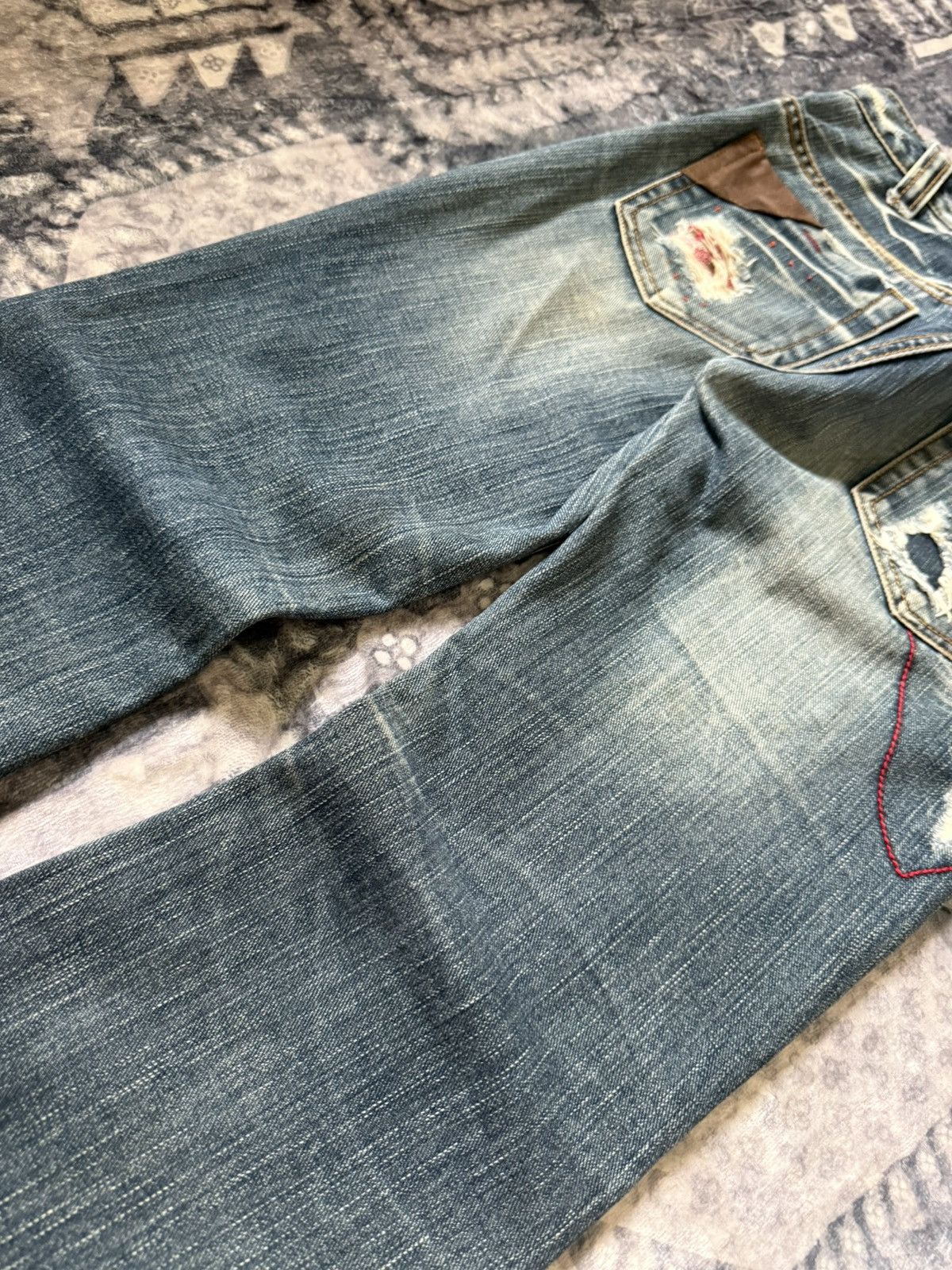 Hysteric Glamour Lucy Pearl Patch Work Leather Trimmed Shashiko Flared Jeans Size US 27 - 18 Thumbnail