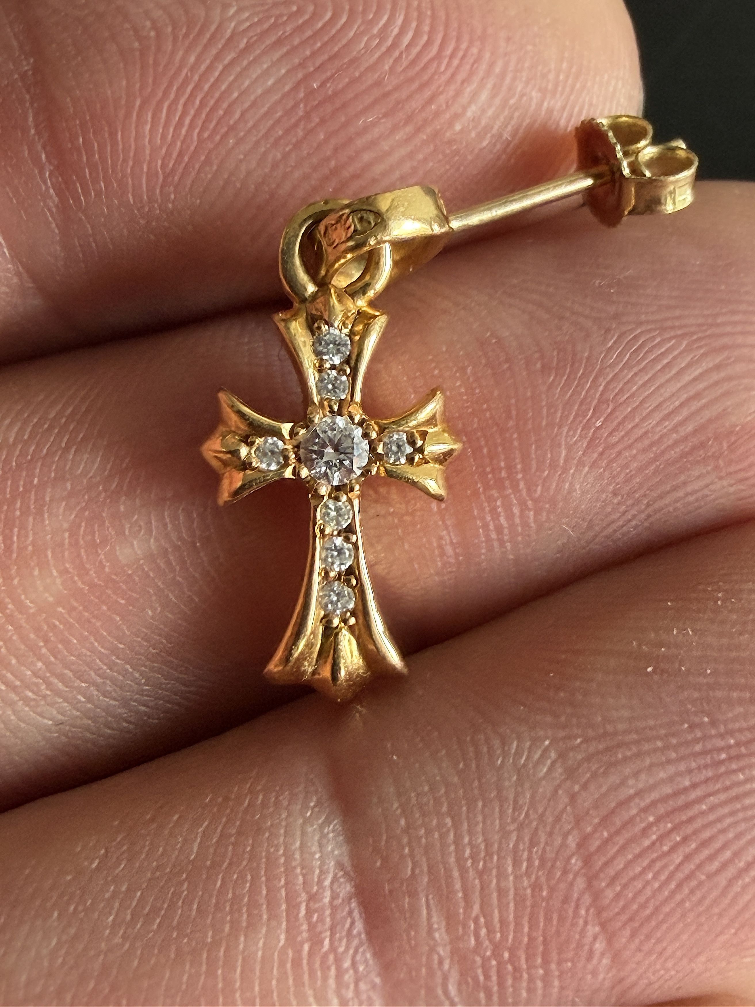 Chrome Hearts 22K Gold Baby Fat Diamond Pavé Cross Pendant Earring