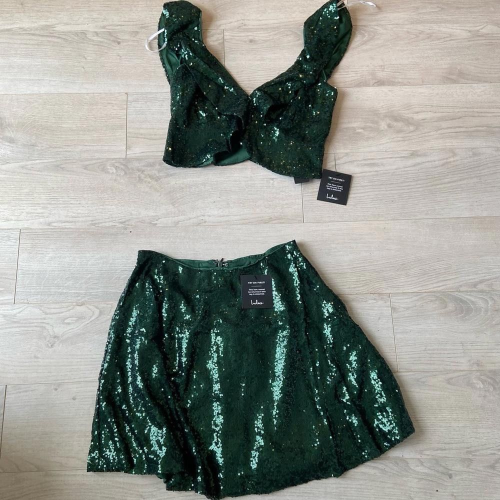 Lulus Lulu's Dark Green Sequin Ruffle Two Piece Mini Dress Size M / US 6-8 / IT 42-44 - 2 Thumbnail