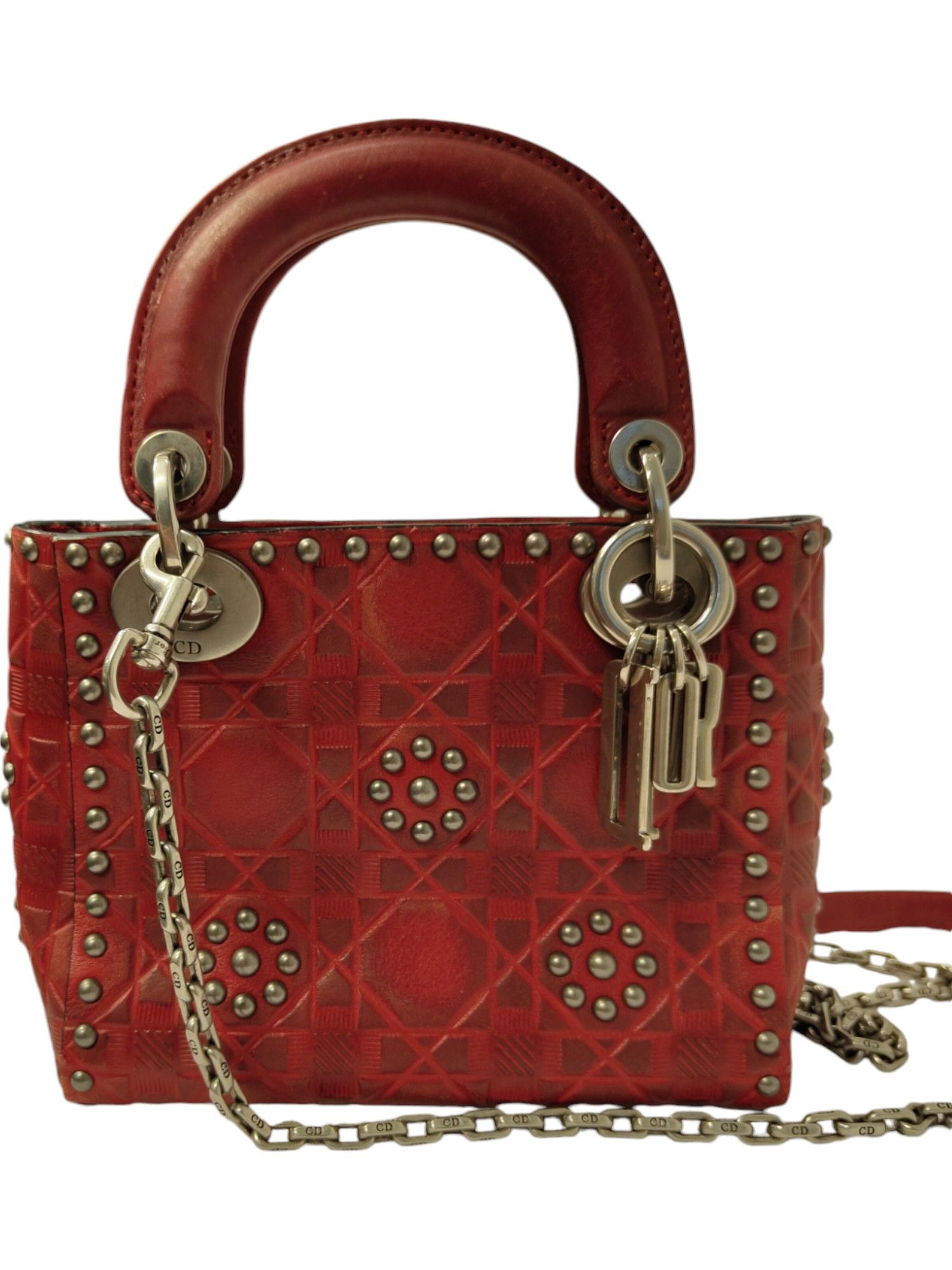 Dior Red Mini Embossed Calfskin Studded Lady Dior Size ONE SIZE - 3 Thumbnail