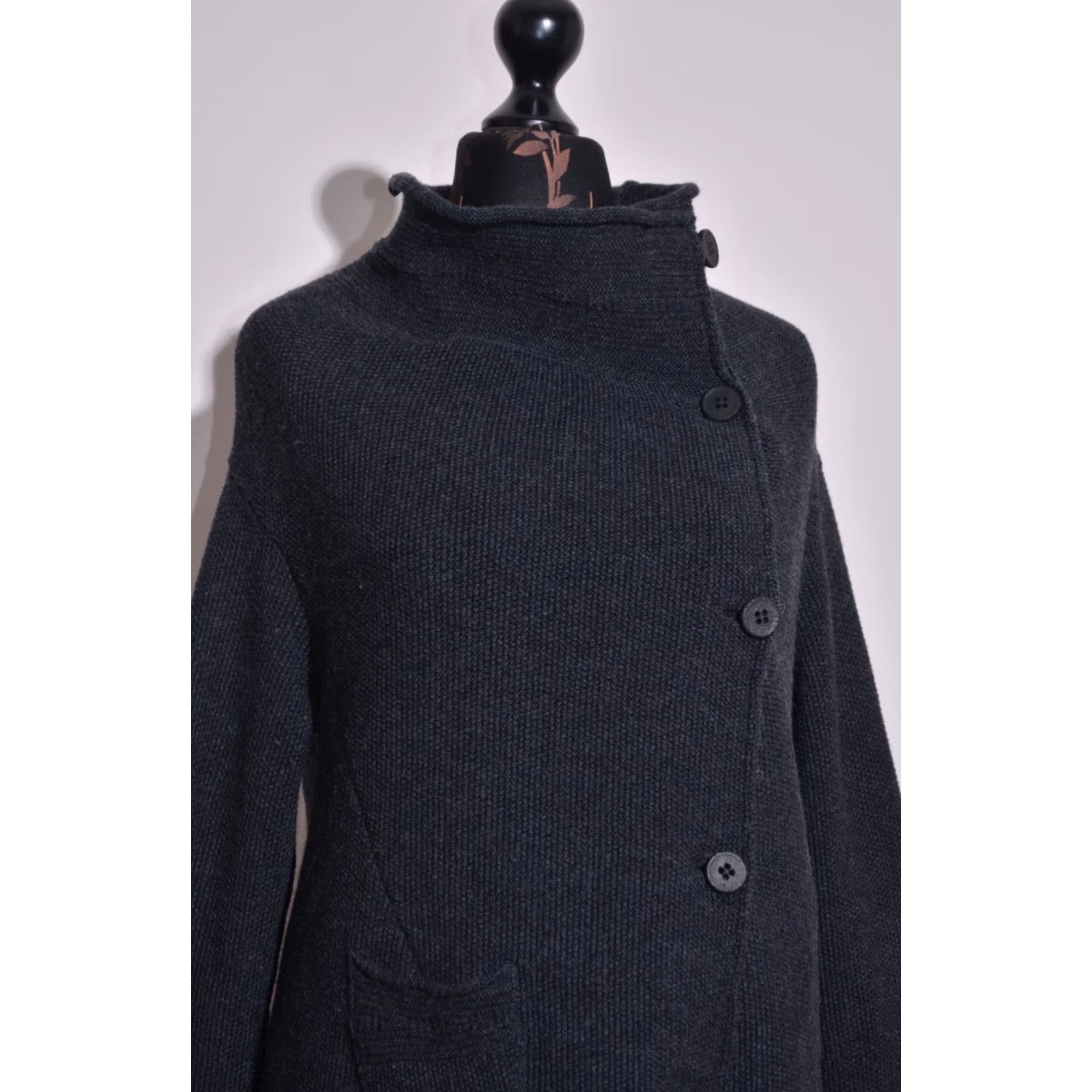 Vintage TRANSIT PAR SUCH Black Wool Short Jacket Coat Womens M UK 12 Knit Overcoat Button Short Coat Size 32" / US 10 / IT 46 - 3 Thumbnail