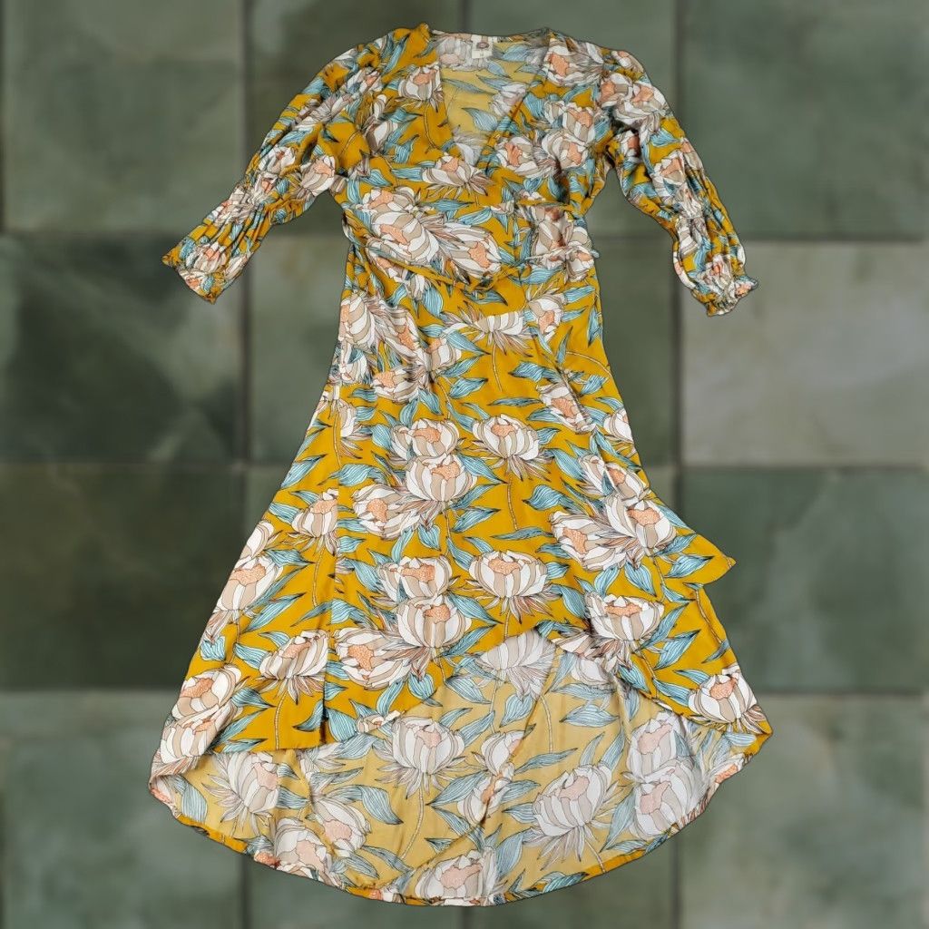 Vintage ELF Made By Hand Womens Medium Yellow Floral Wrap Dress Midi 3/4 Sleeve Size M / US 6-8 / IT 42-44 - 1 Thumbnail