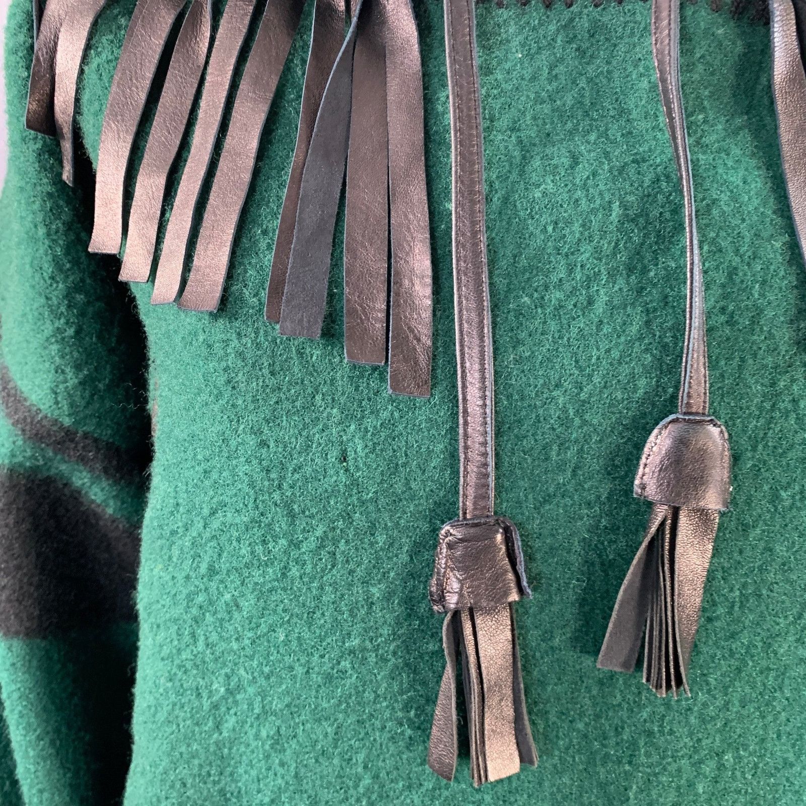 Jean Charles De Castelbajac Size 2 Green Black Wool Leather Fringe Hooded Coat Size XS / US 0-2 / IT 36-38 - 5 Thumbnail