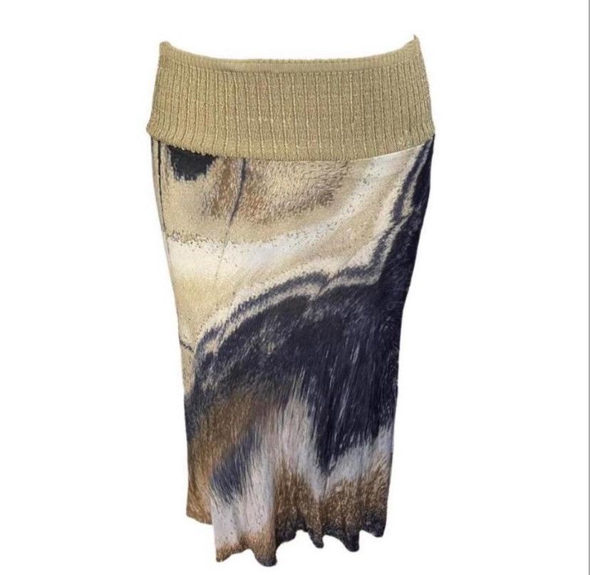 image of Roberto Cavalli Class Printed Feather Midi Skirt in Navy, Women's (Size 28)