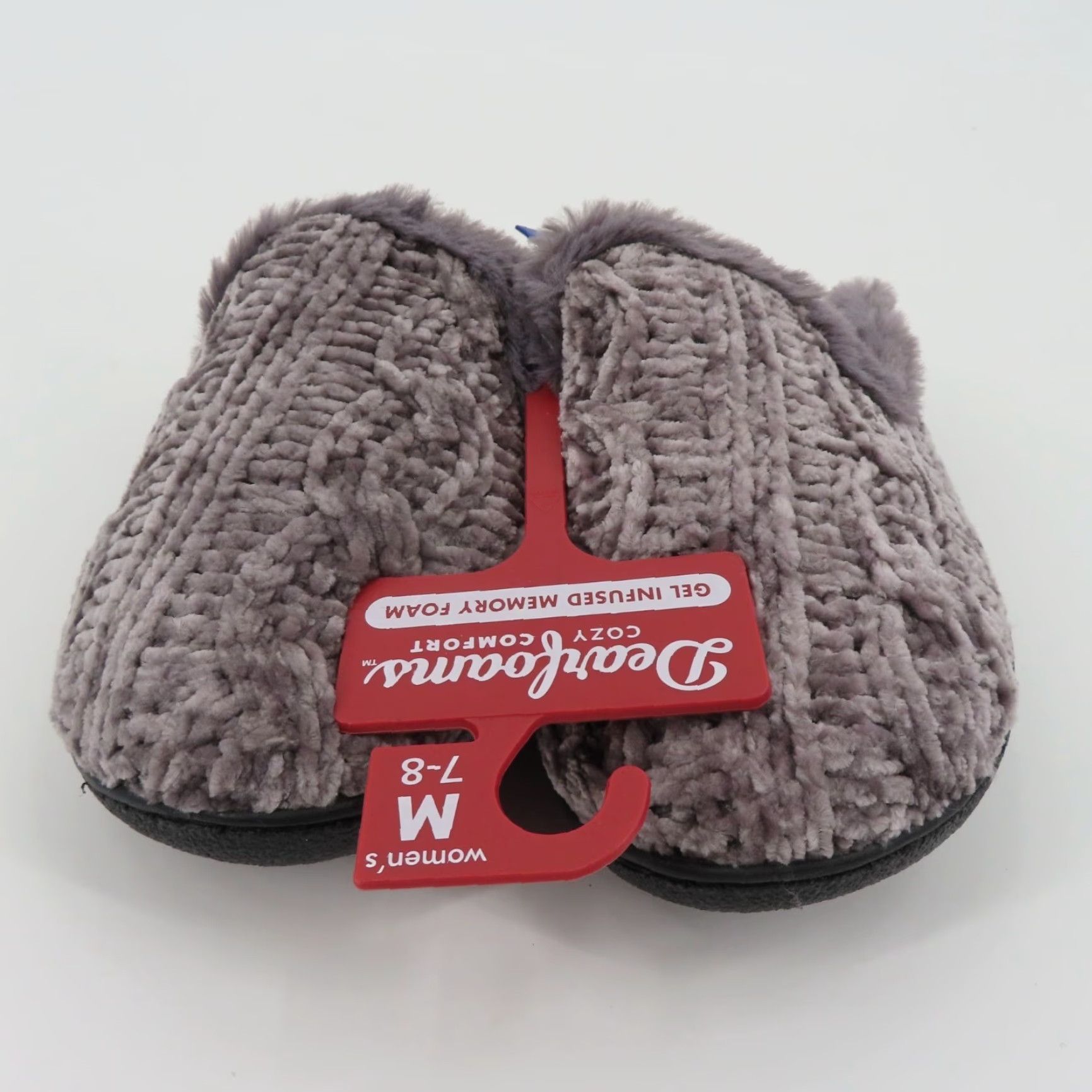 Vintage Dearfoams Women Slipper 7-8 Grey Chenille Cable Knit Faux Fur Slide NEW Size US 7 / IT 37 - 3 Thumbnail