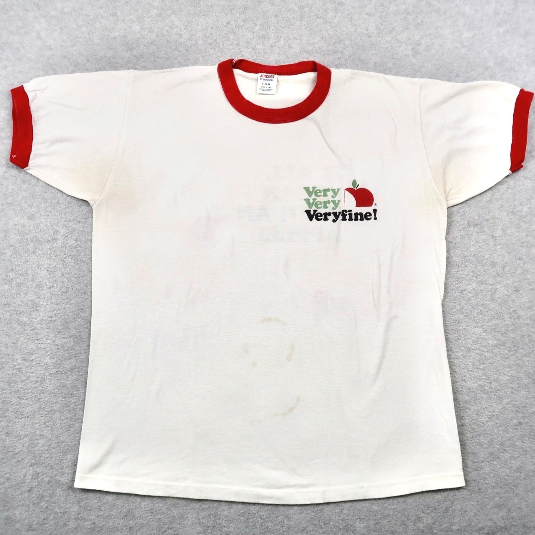 Jerzees VINTAGE Apple Juice Jerzees T-Shirt Mens L White Red Ringer USA 80s Size US L / EU 52-54 / 3 - 2 Thumbnail