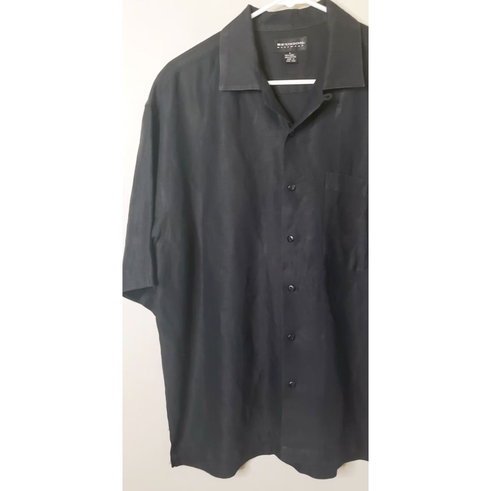 Vintage Reunion Menswear Shirt Mens L Black Button Front Short Sleeve Linen Blend Men Size US 33 - 3 Thumbnail