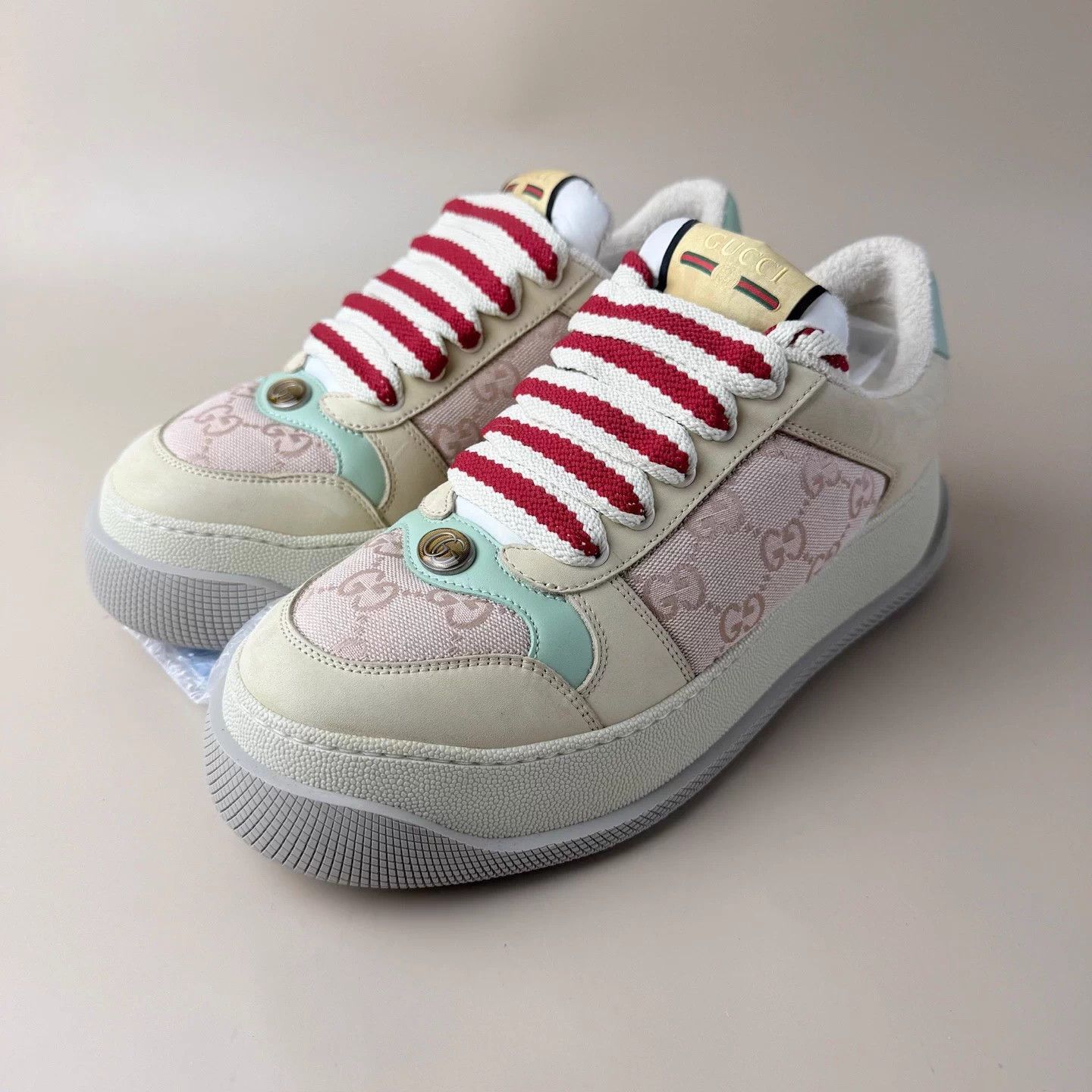 Gucci Gucci Gray Pink Double G Puffy Lace-up Sneaker Size US 8 / IT 38 - 1 Thumbnail