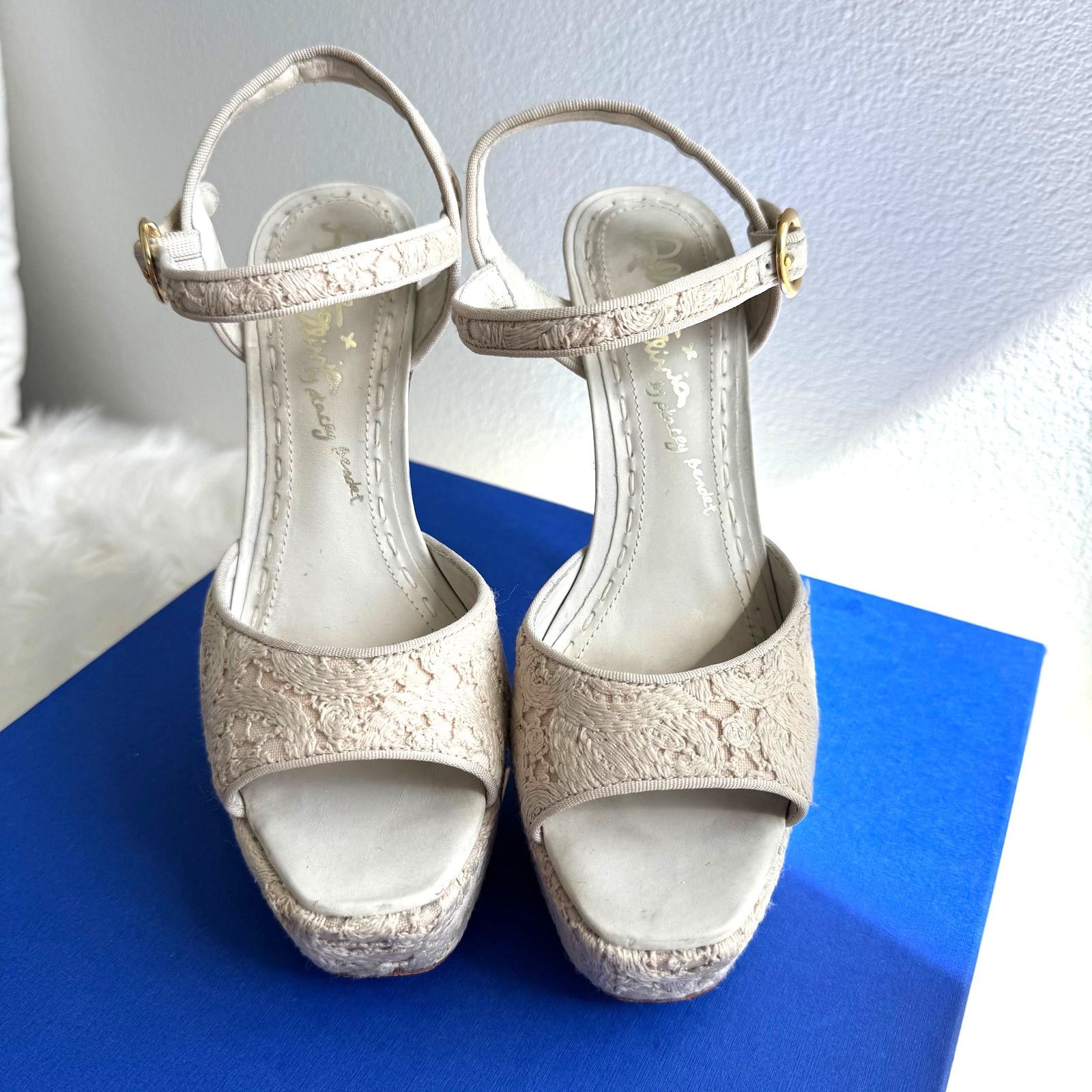 Alice + Olivia Alice + Olivia Lena Ivory Lace Ankle Strap Platform Heels Size US 8.5 / IT 38.5 - 2 Thumbnail