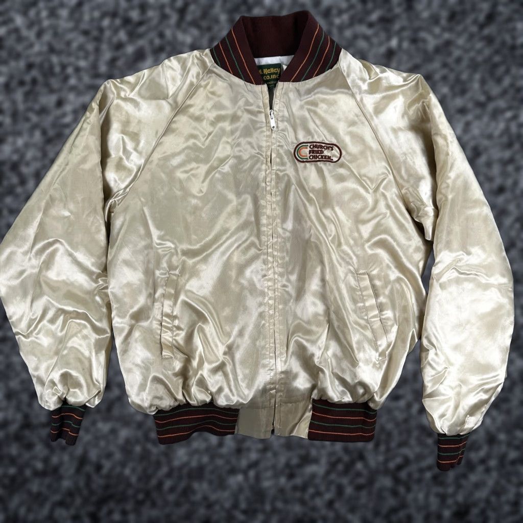 CO VINTAGE M. Kelley & Co. Inc Jacket Mens XL Beige Satin Bomber Church's Fried Chicken Shirt Size US XL / EU 56 / 4 - 1 Thumbnail