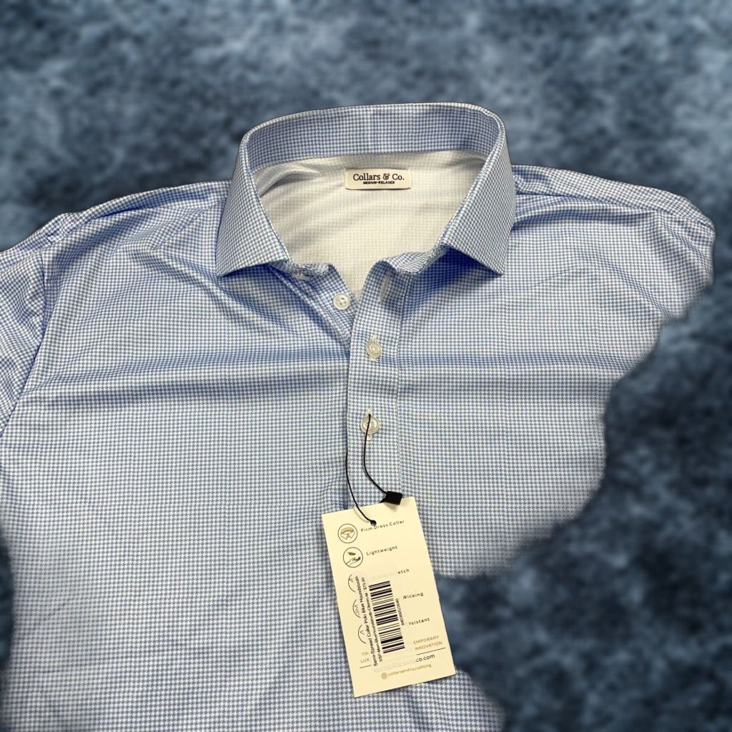 CO Collars & Co Polo Shirt Mens M Relaxed Blue Houndstooth Polo Casual Golf 90s Vintage? Size 40R - 1 Thumbnail