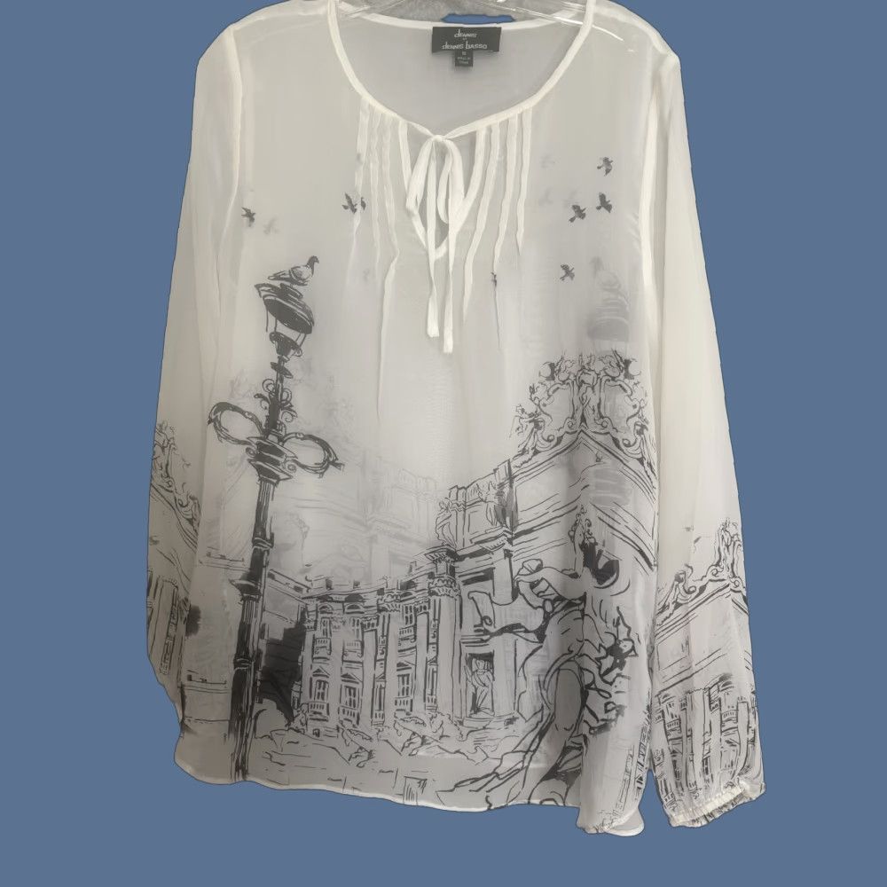 Vintage Dennis by Dennis Basso Blouse Womens 10 White City Scenic Print Sheer Tunic Top Size L / US 10 / IT 46 - 1 Thumbnail
