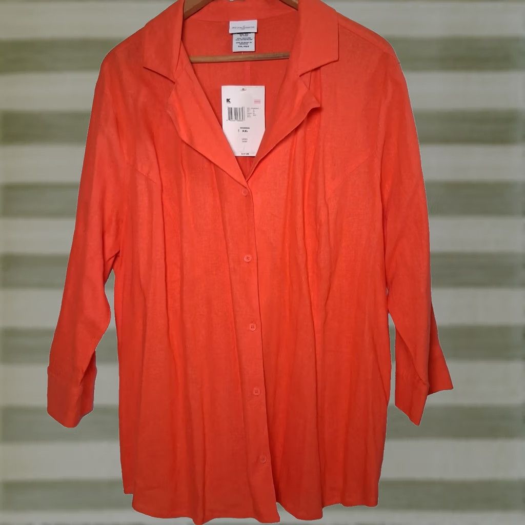 Vintage Jaclyn Smith Blouse Linen Rayon Blend Salmon Orange Collared Button Up 3/4 Sleeve Womens Regular 2XL Shirt Size XXL / US 16-18 / IT 52-54 - 1 Thumbnail