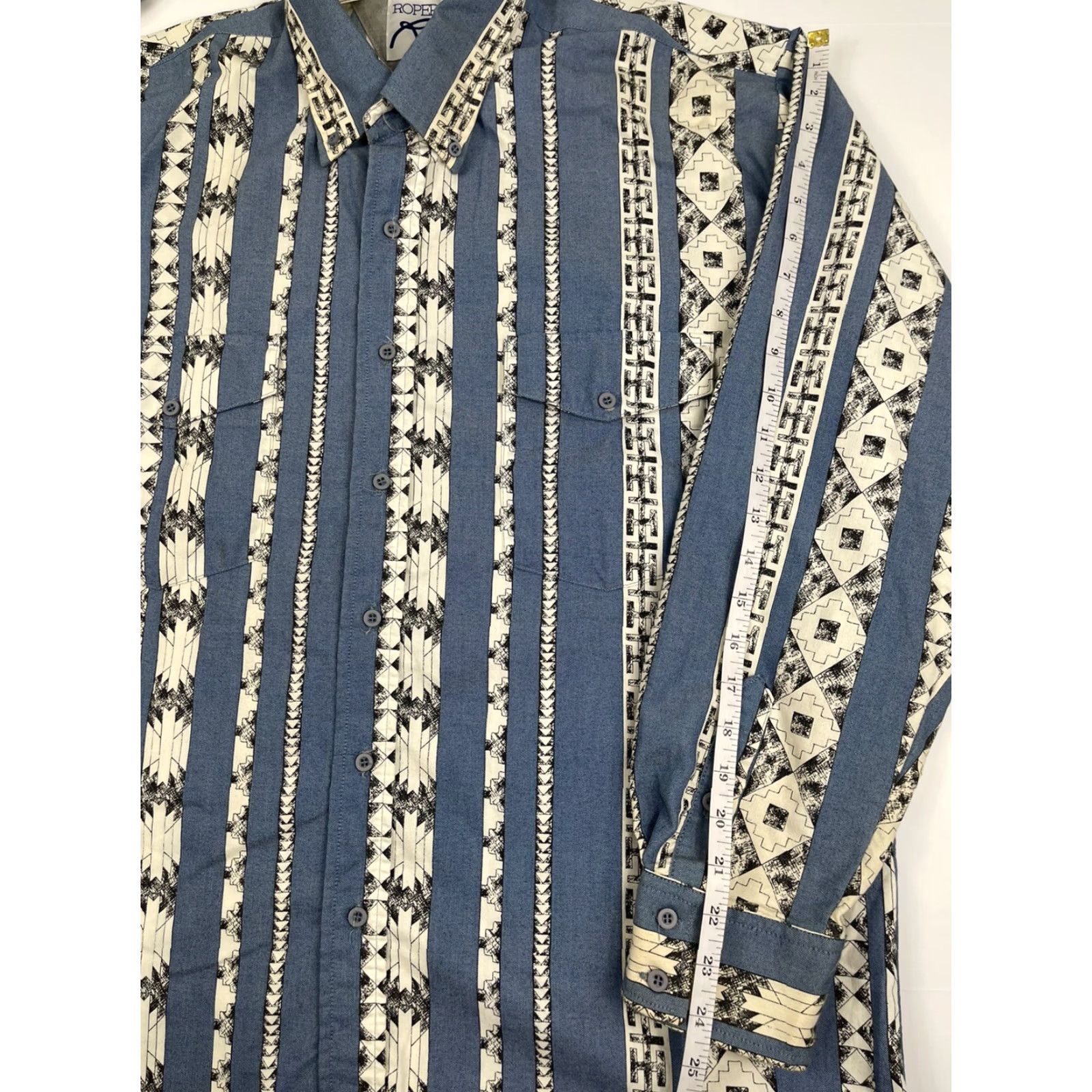 Roper VINTAGE ROPER Shirt Mens XL Blue Aztec Geometric 100% Cotton Button-Up Western Cowboy 90s Retro USA Size US XL / EU 56 / 4 - 6 Thumbnail