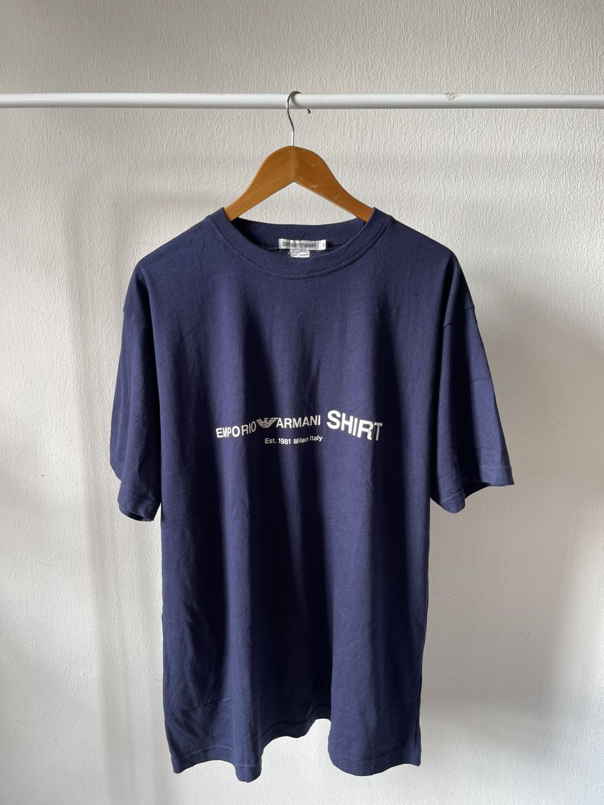Emporio Armani × Giorgio Armani 80s Emporio Armani Spellout T Shirt Size US XL / EU 56 / 4 - 1 Thumbnail