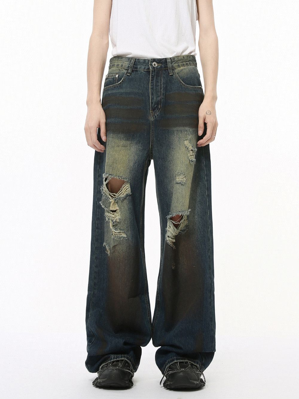 Vintage Men's Street Distressed Hip-Hop Ripped Straight-Leg Jeans Size US 32 / EU 48 - 2 Thumbnail