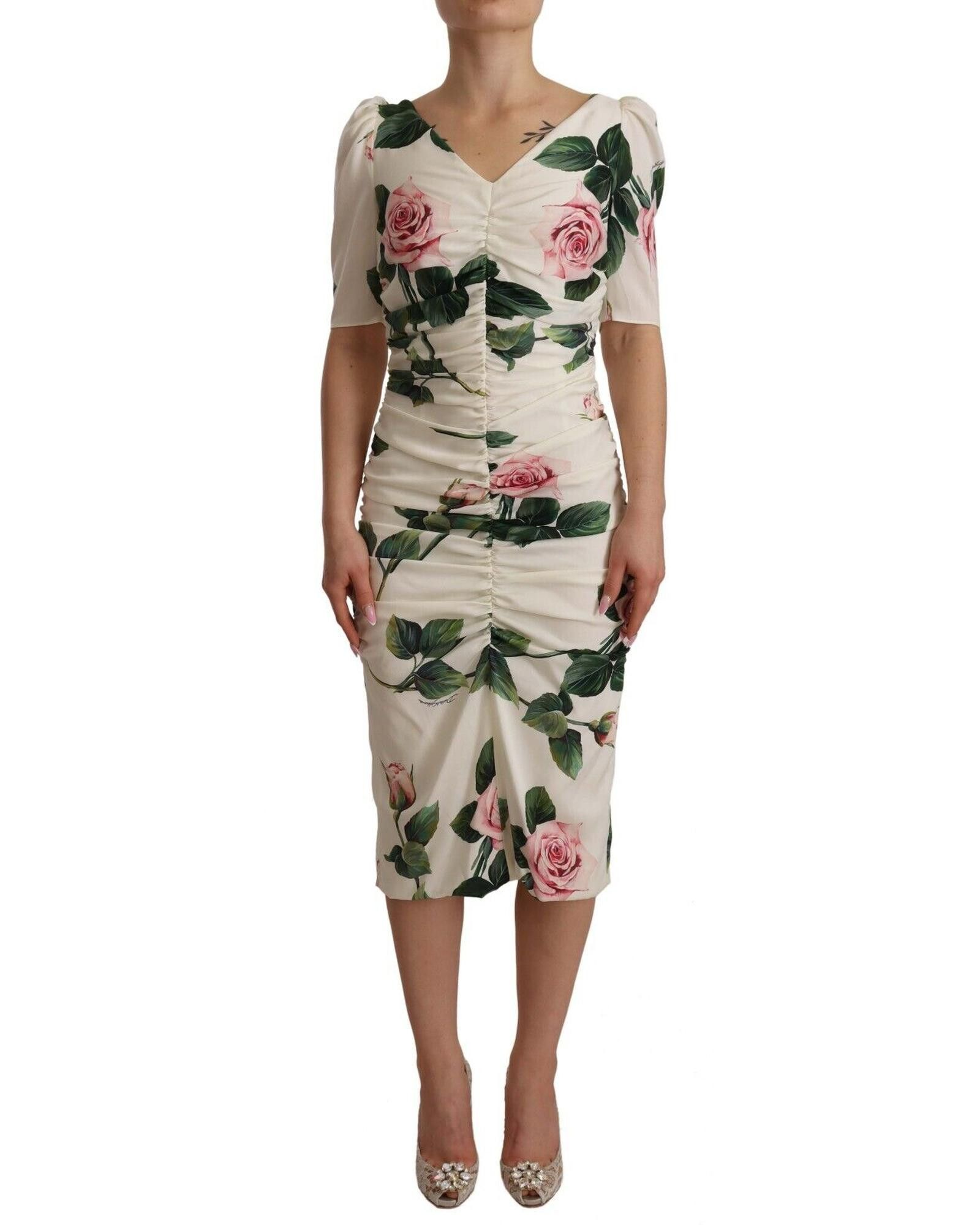 Image of Dolce Gabbana Silk Pleated Dress With Roses Print in White, Women's (Size XS)