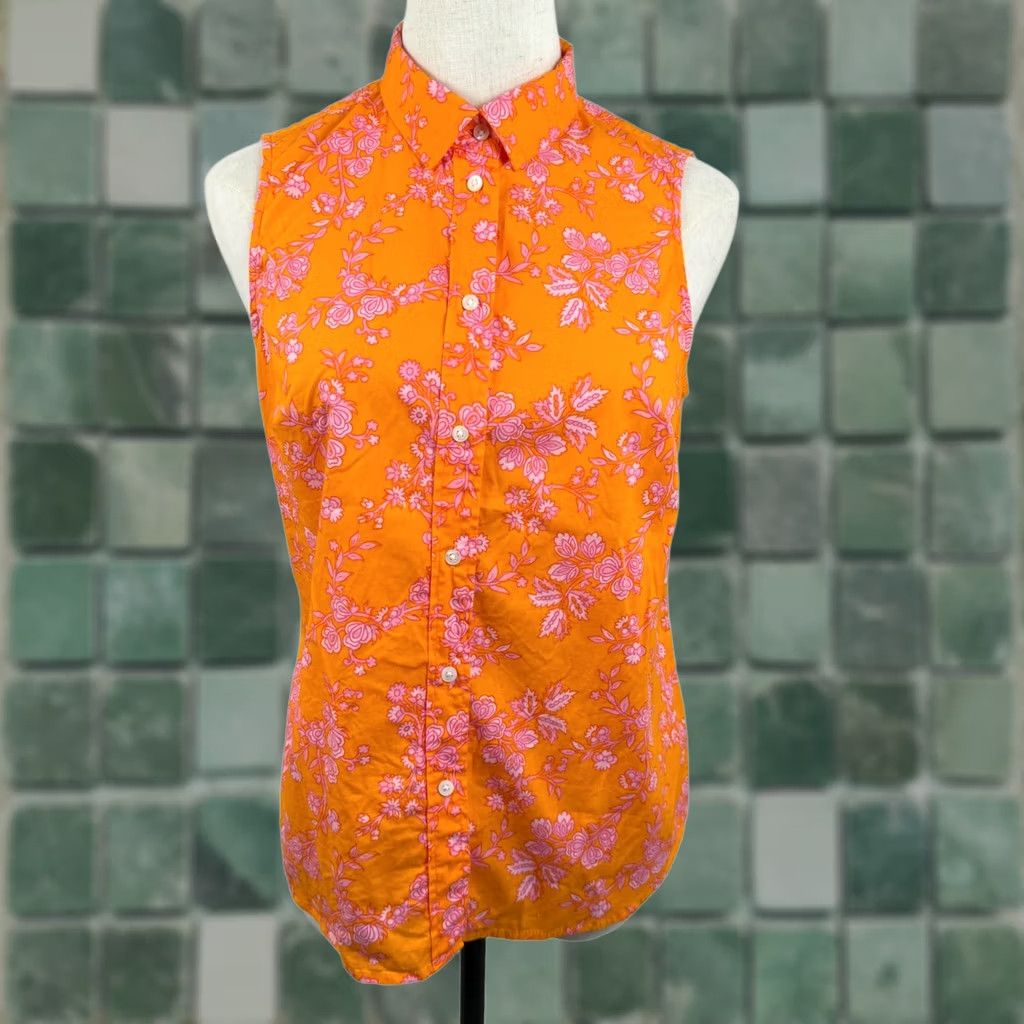 J.Crew VINTAGE? No. (Answer requires non-VINTAGE) J.CREW Floral Sleeveless Button-Down Top Orange Pink Re-Imagined Cotton Blend EUC Womens S Small? (Oops) Size S / US 4 / IT 40 - 1 Thumbnail