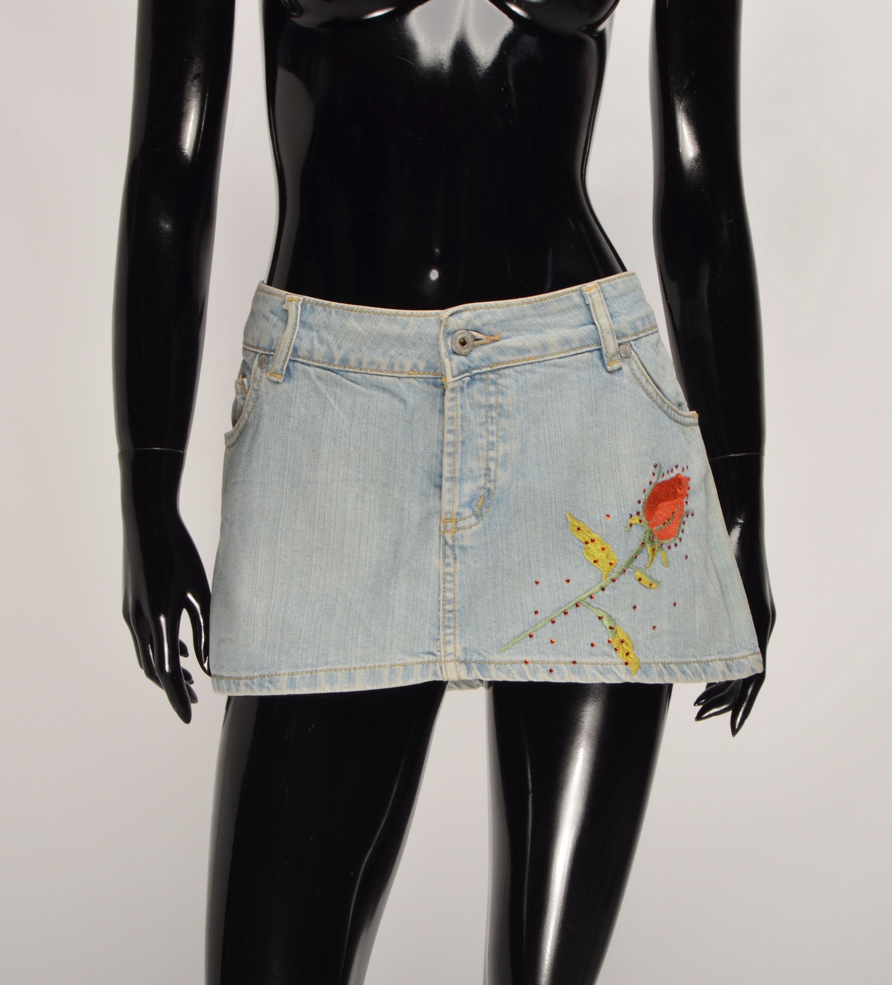 Other Vintage Inter Jeans Y2K Denim Embroidered Hot Mini Skirt Size 32" / US 10 / IT 46 - 1 Thumbnail