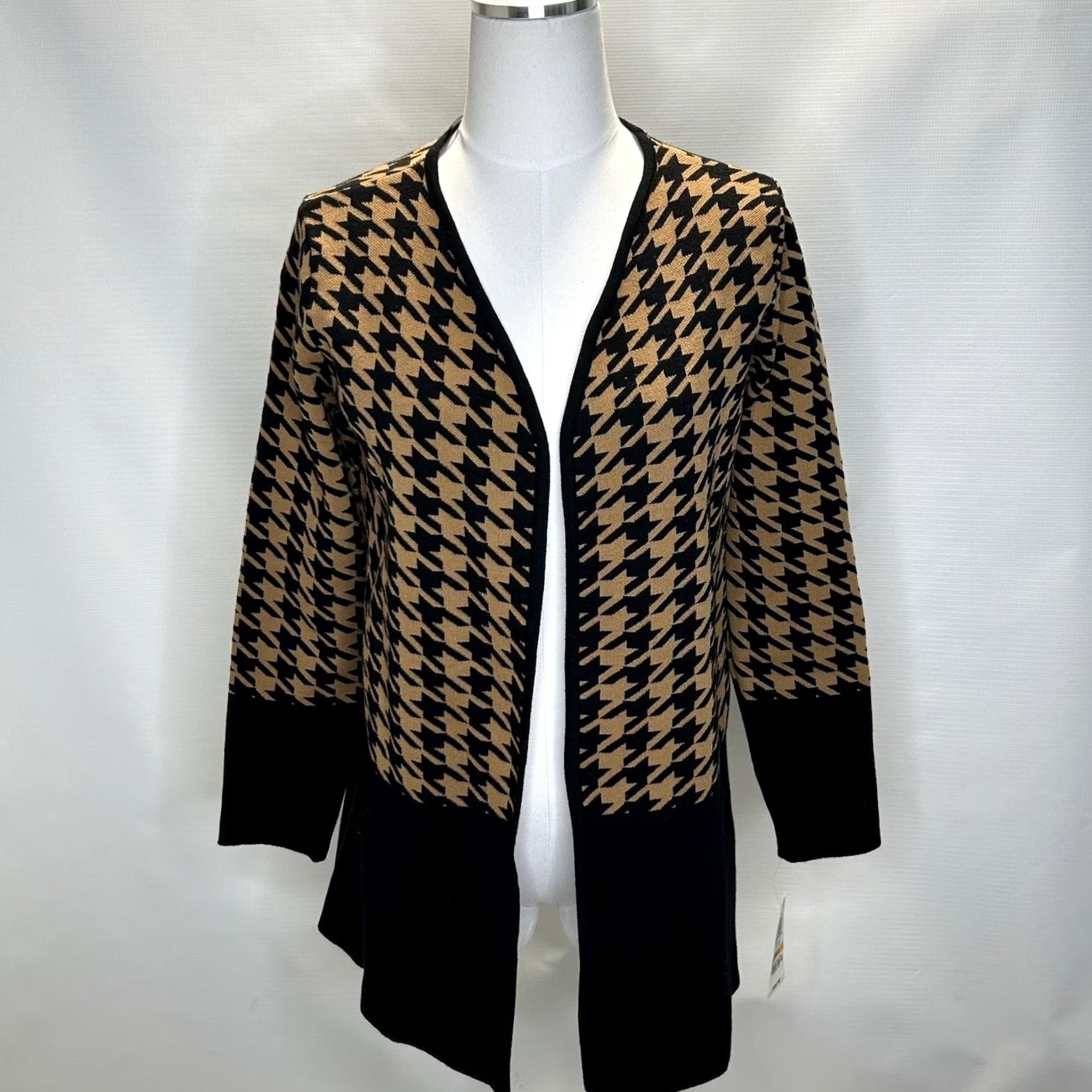 Charter Club VINTAGE Charter Club Cardigan Women’s Small Houndstooth Open Duster Knit Black Brown 90s Retro Preppy Womens Size S / US 4 / IT 40 - 2 Thumbnail