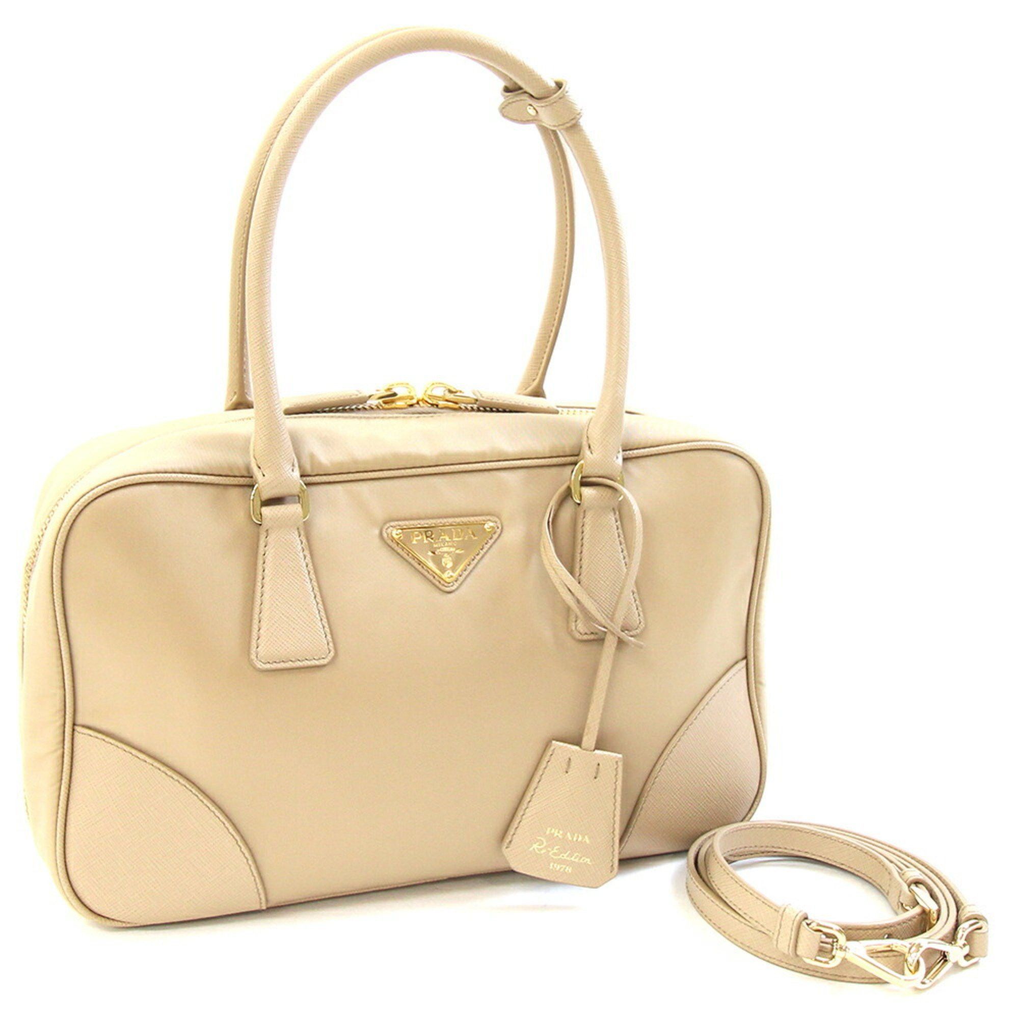 Prada Handbag Re-Edition 1978 Medium Double Handle Bag 1Bb115 Beige Leather Re-Nylon Shoulder Women's Prada