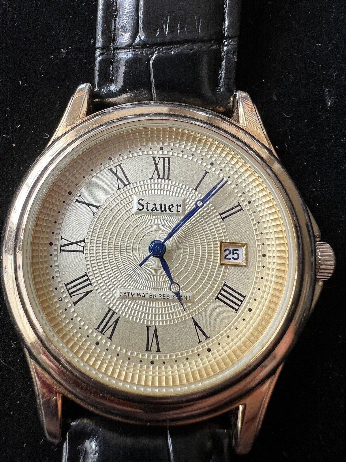 Designer Men s Stauer 17961 Gold Tone Quartz Watch New Battery Grailed