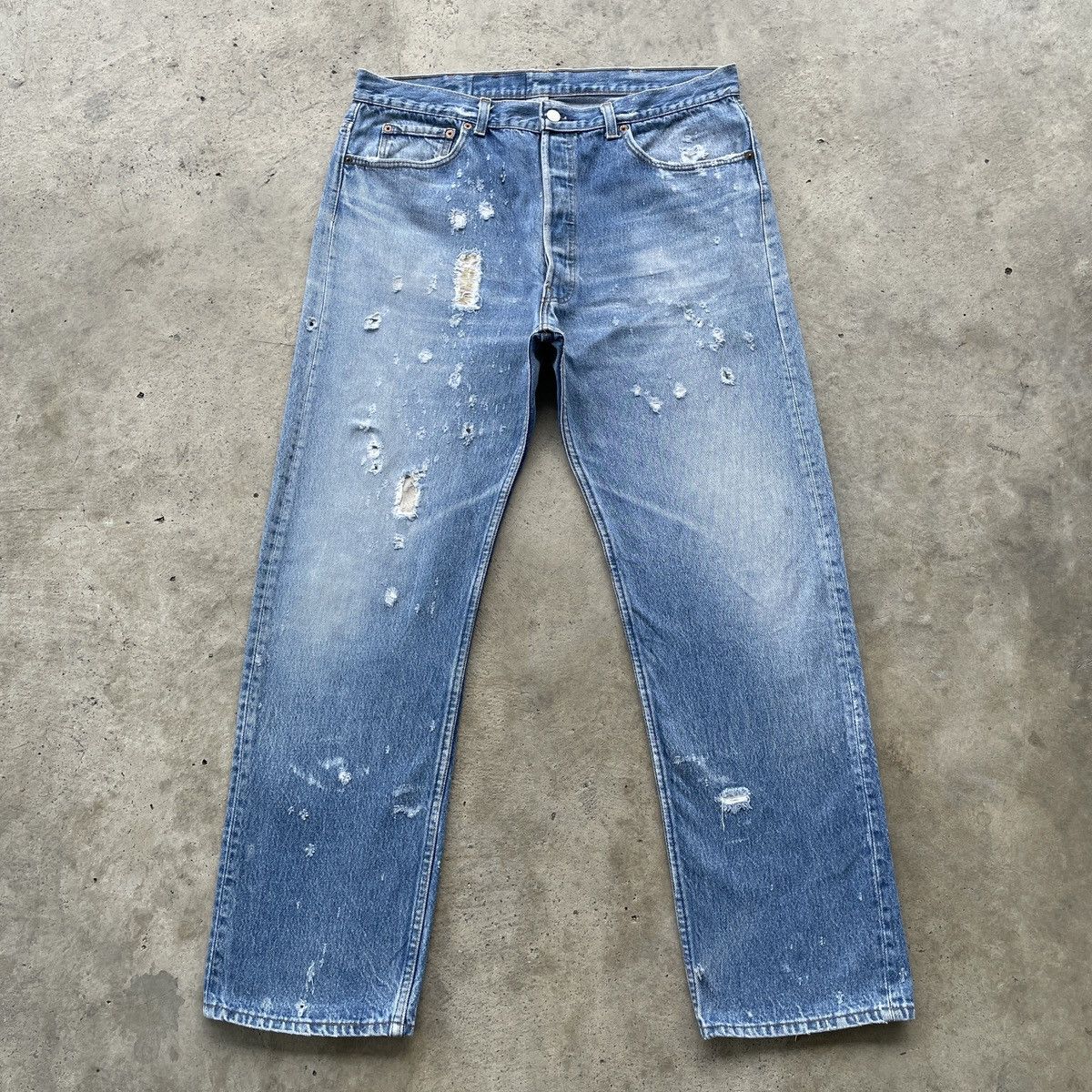 image of 90's Vintage Levi’S 501 Usa Thrashed Sick Denim Jeans Pants in Faded Blue, Men's (Size 37)