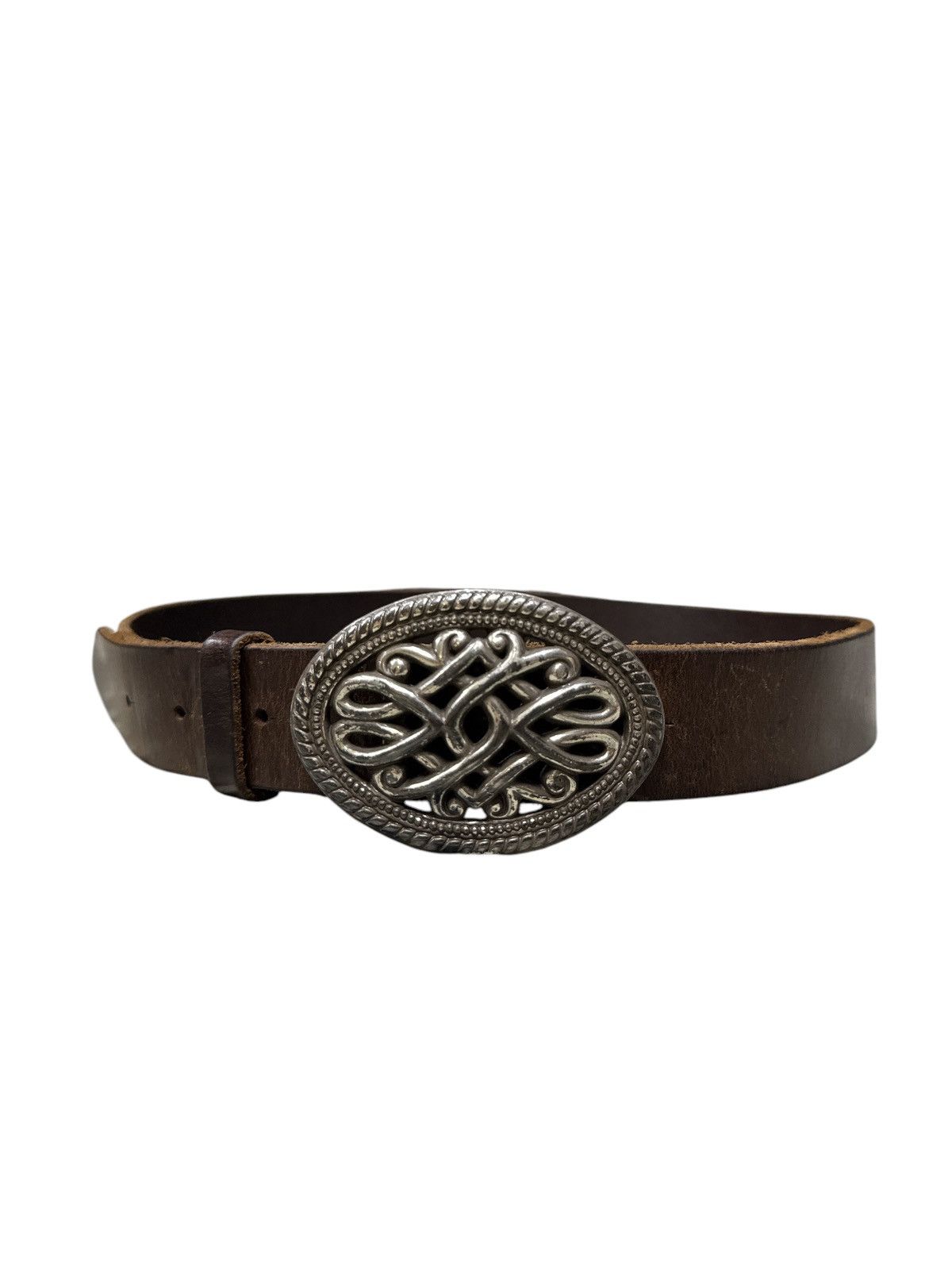 Leather 90s SILVER TONE BELT BUCKLD OVAL CELTIC MEDIEVAL RARE Size 34 - 1 Thumbnail