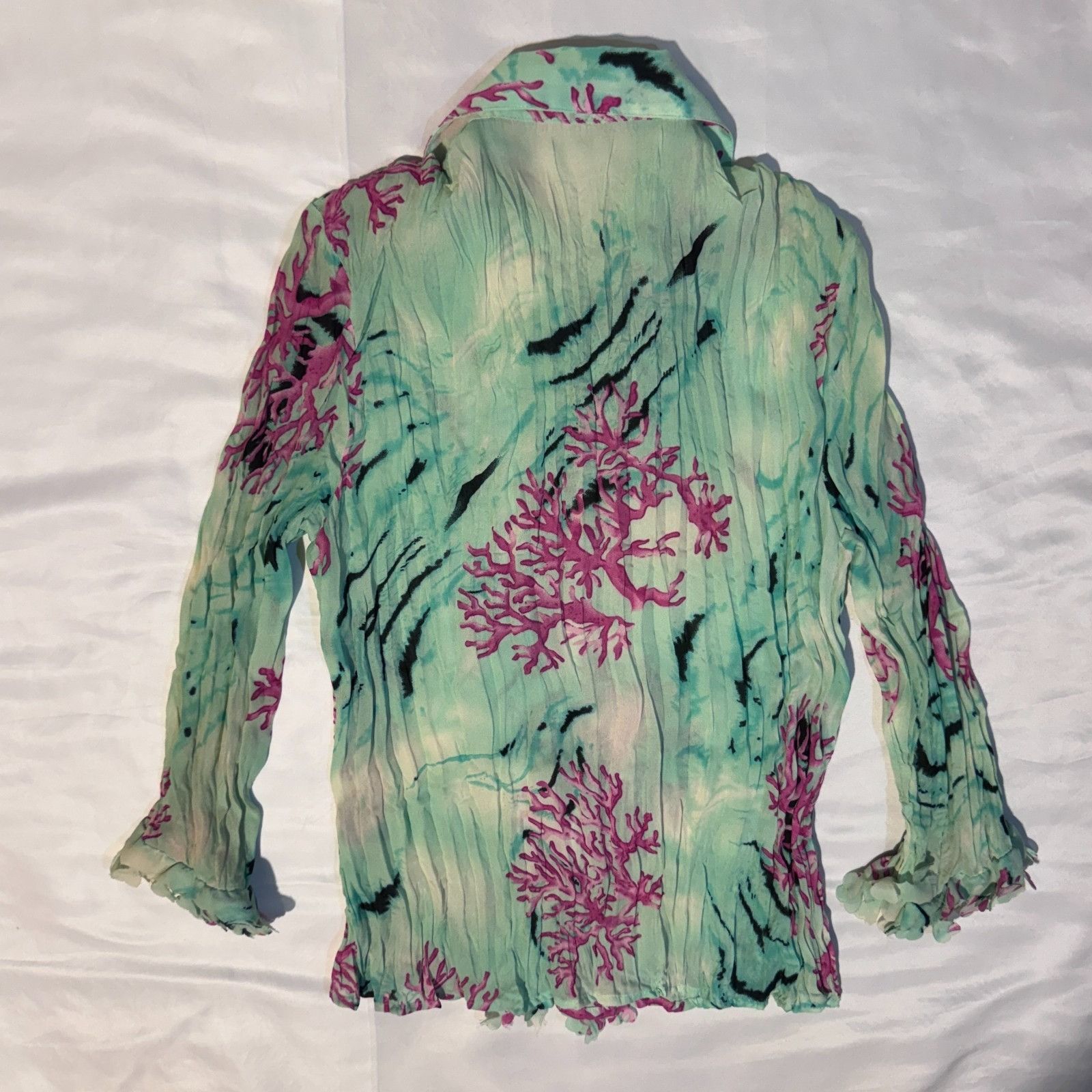 Other Piano Seafoam Green & Pink Floral Ruffle Y2K Sheer Blouse Bu Size M / US 6-8 / IT 42-44 - 9 Thumbnail