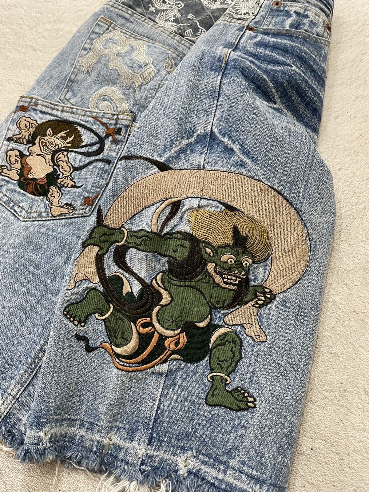 Japanese Brand Kara Kuri Japanes Embroidered Denim Y2K Oni Raijin Patchwork Size US 33 - 11 Thumbnail