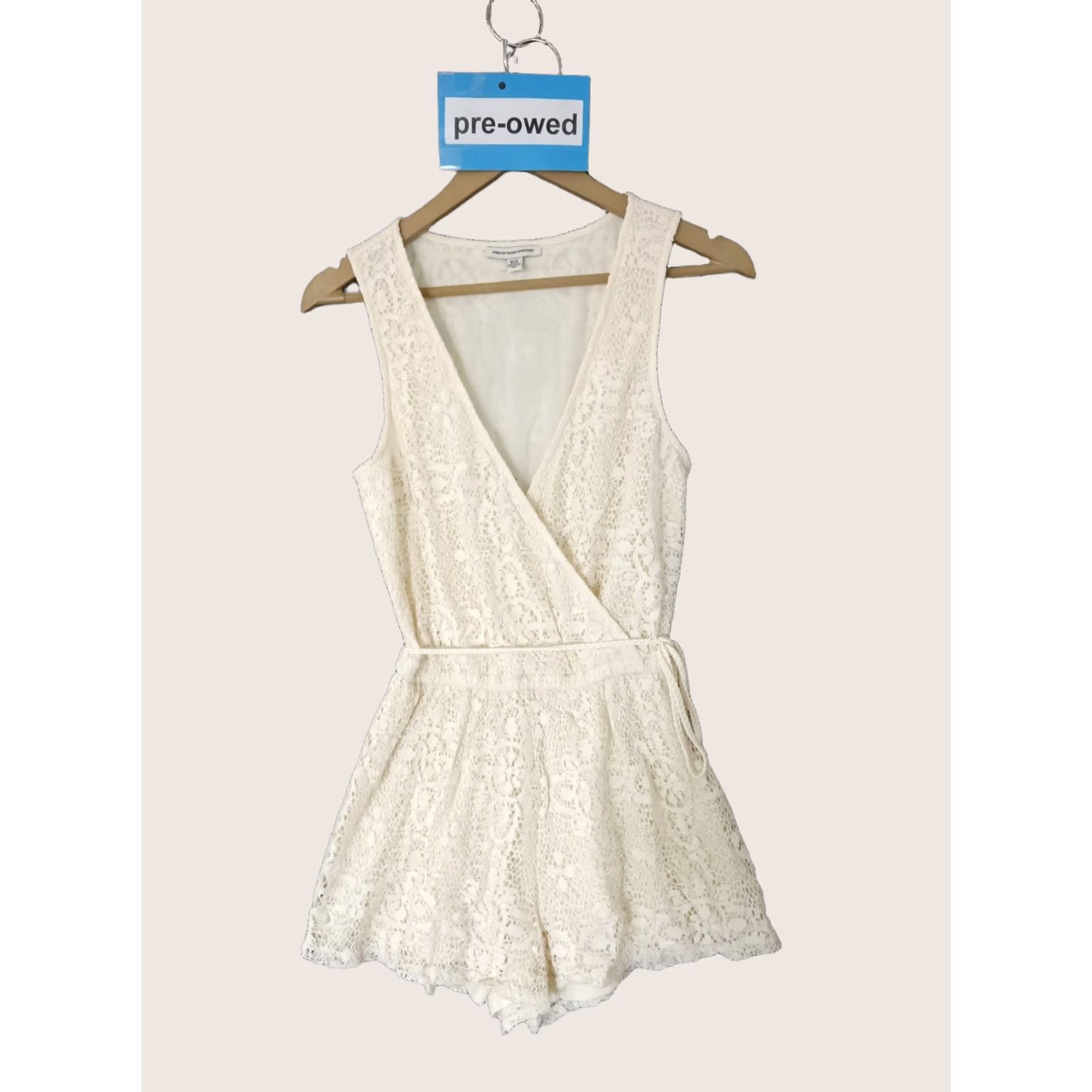 American Eagle Outfitters American Eagle Outfitters Romper XS Lace Boho Chic Ivory Solid Sleeveless V-Neck Tie Casual Spring Summer Womens XS Size 26" / US 2 / IT 38 - 1 Thumbnail