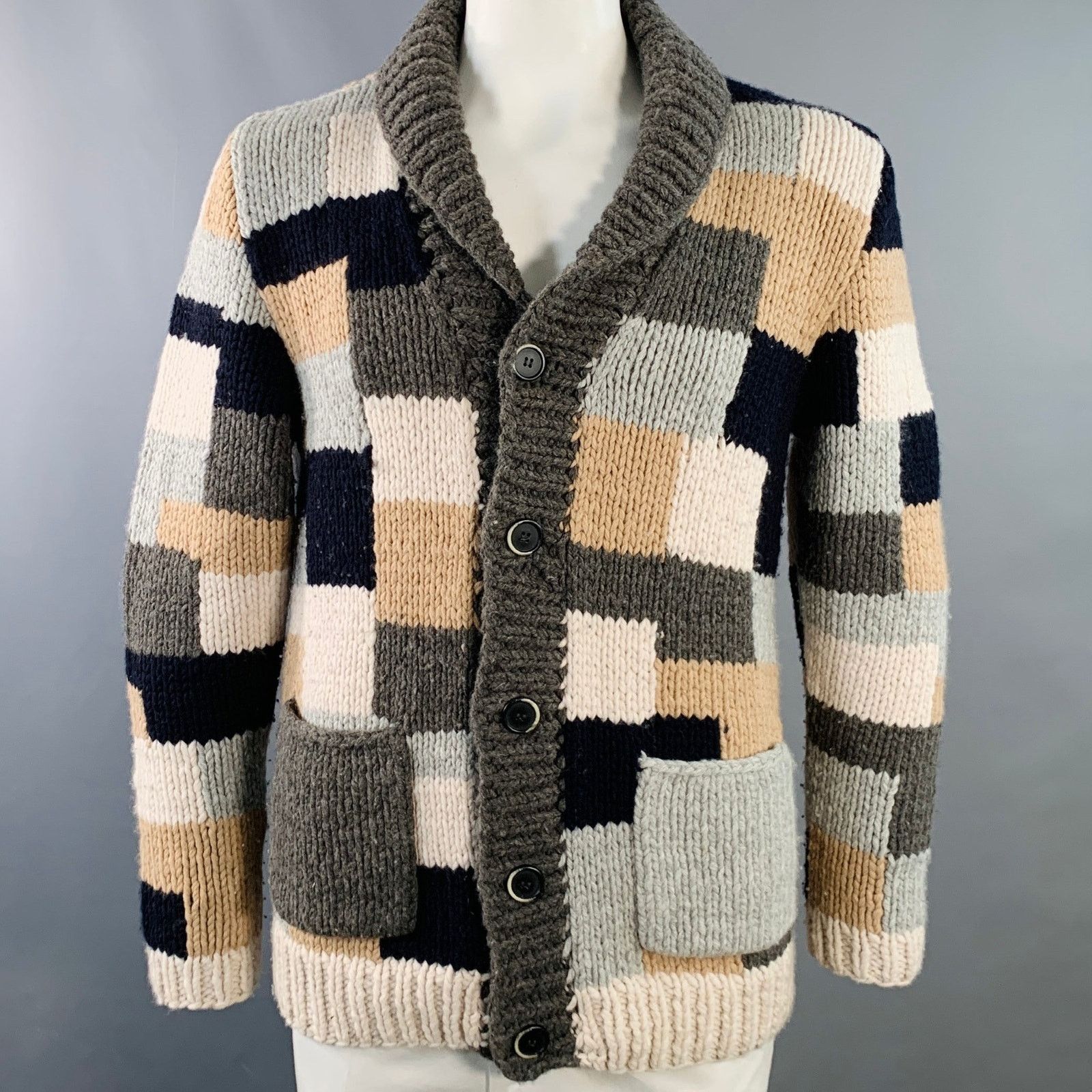 Barena Size XL Grey Brown Patchwork Virgin Shawl Collar Cardigan Size US XL / EU 56 / 4 - 1 Thumbnail