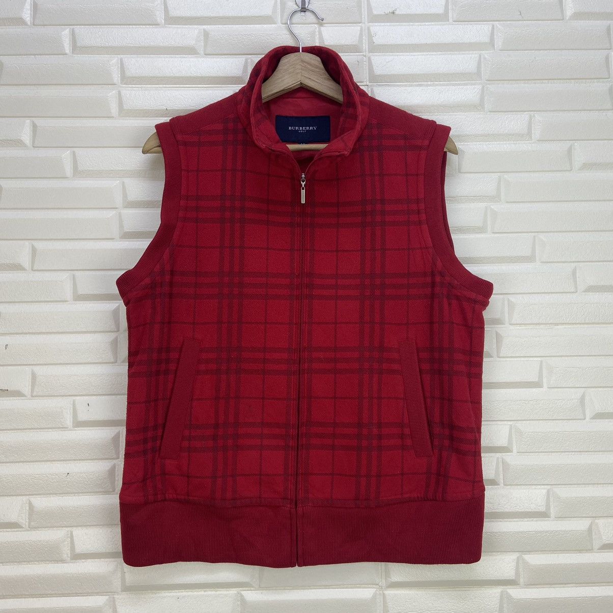 image of Burberry Golf Nova Check Vests in Red, Men's (Size Small)