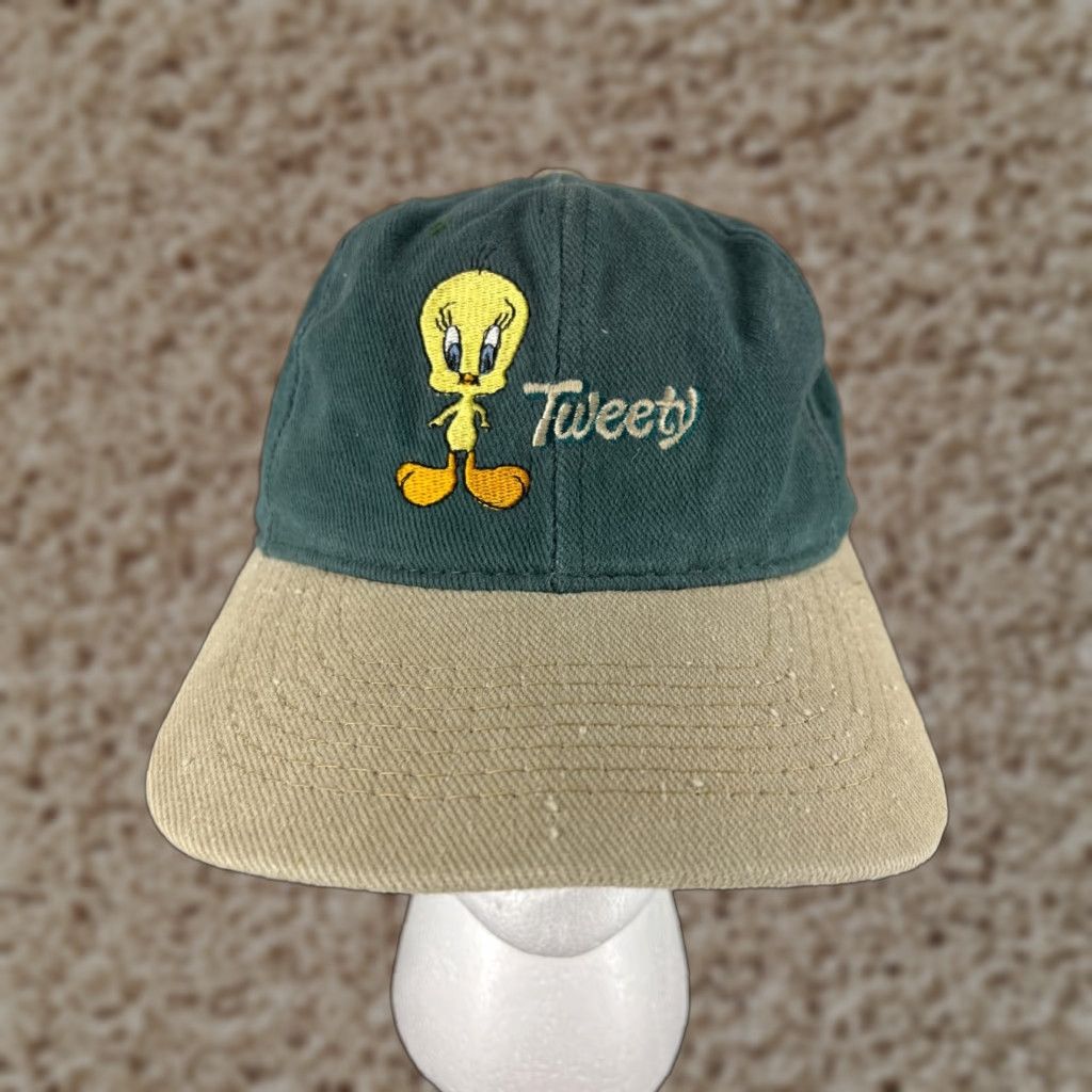 Vintage Warner Brothers Hat Fitted Adult Small Tweety Bird Green Beige USA 1991 Size ONE SIZE - 1 Thumbnail